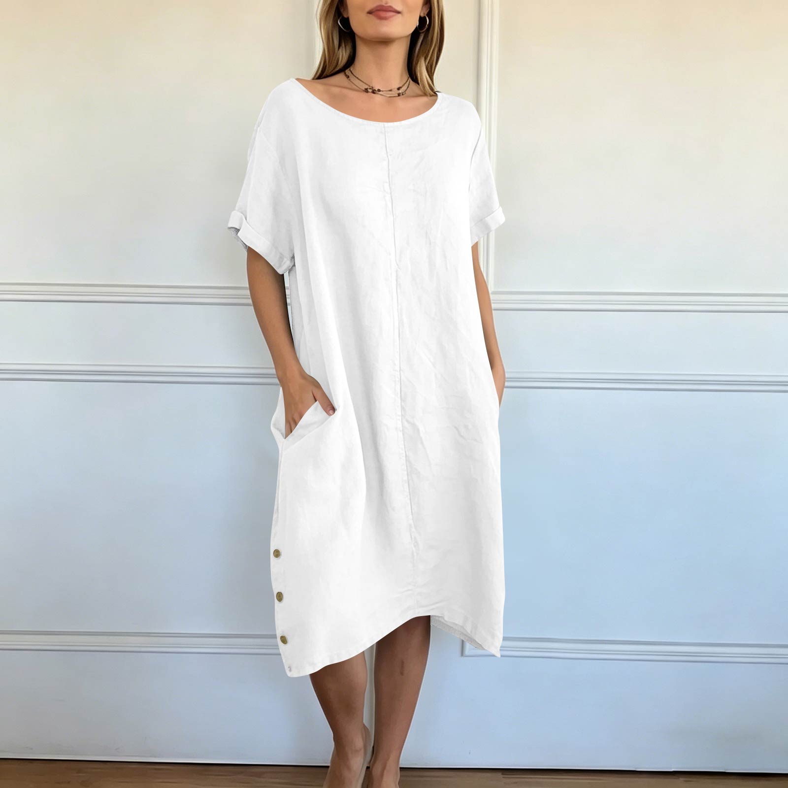Loose Fit Short Sleeve Casual Dress Women Round Neck Relaxed Fit Comfortable Everyday Wear Midi Length Dress with Side Button Detail XXL белый
Loose Fit Short Sleeve Casual Dress Women Round Neck Relaxed Fit Comfortable Everyday Wear Midi Length Dress with Side Button Detail XXL белый
