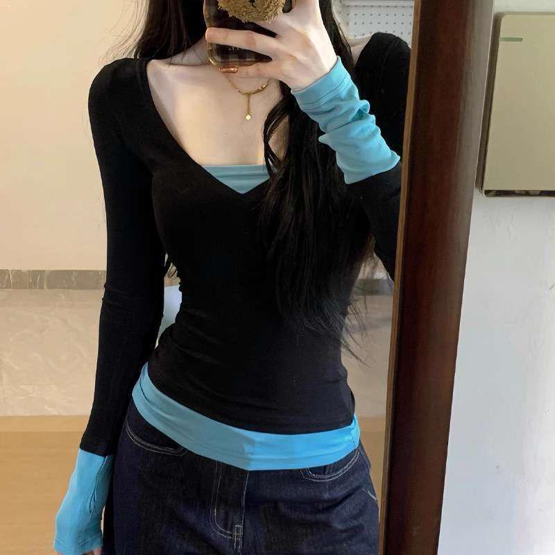 Women s Slimming V-Neck Color Block Fake Two-Piece Long Sleeve Modal Top - Spring/Summer L (100-115 jin) синій/чорний
Women s Slimming V-Neck Color Block Fake Two-Piece Long Sleeve Modal Top - Spring/Summer L (100-115 jin) синій/чорний
