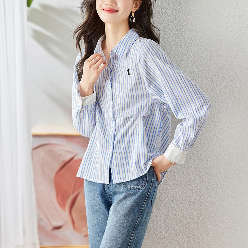 Blue Striped Shirt for Women Long-sleeved Spring and Autumn Clothes New Casual Top Cartoon Embroidered Cotton Shirt M
Blue Striped Shirt for Women Long-sleeved Spring and Autumn Clothes New Casual Top Cartoon Embroidered Cotton Shirt M