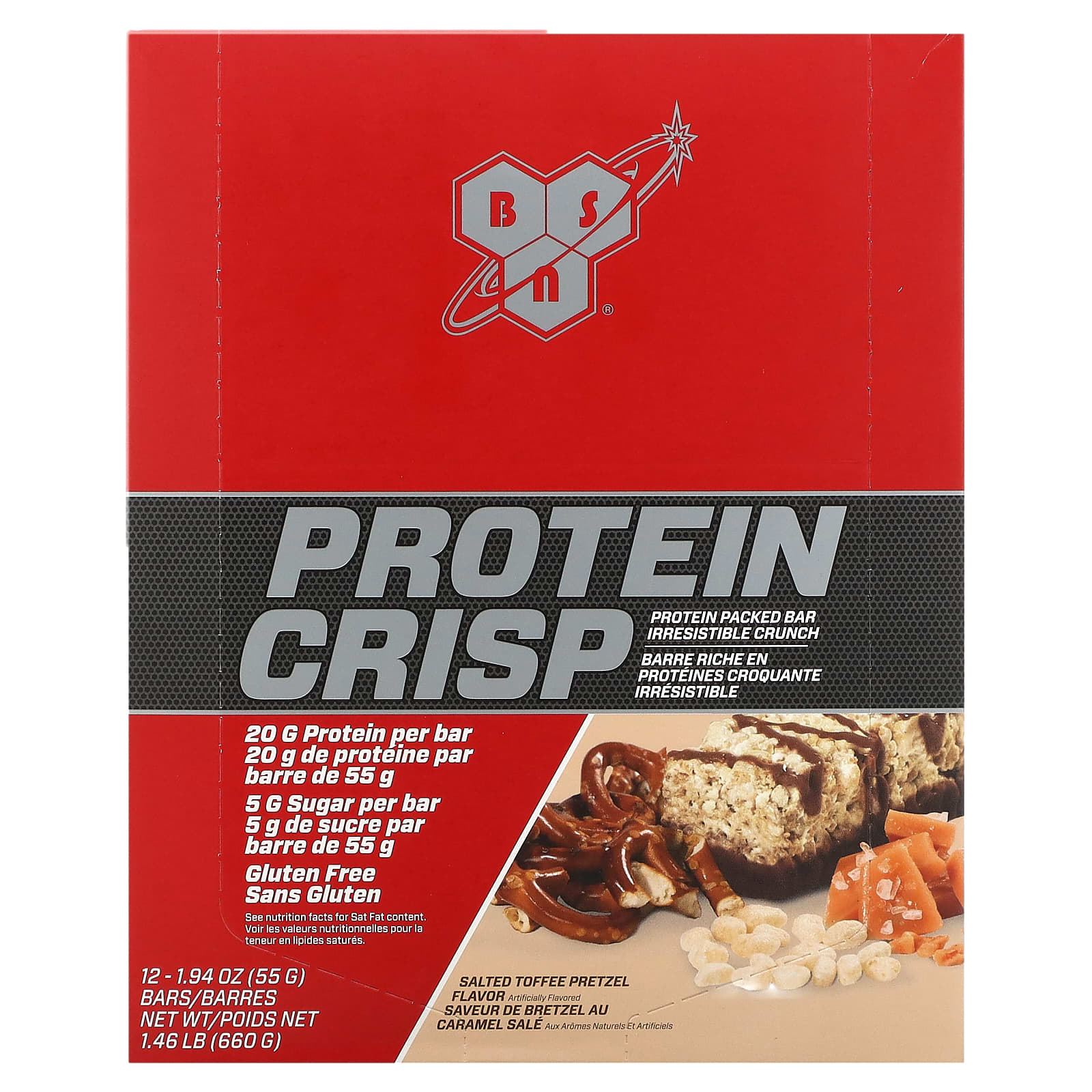 BSN, protein crisp, protein bar, salted toffee pretzel, 12 bars, 57g (2.01oz) each
BSN, protein crisp, protein bar, salted toffee pretzel, 12 bars, 57g (2.01oz) each