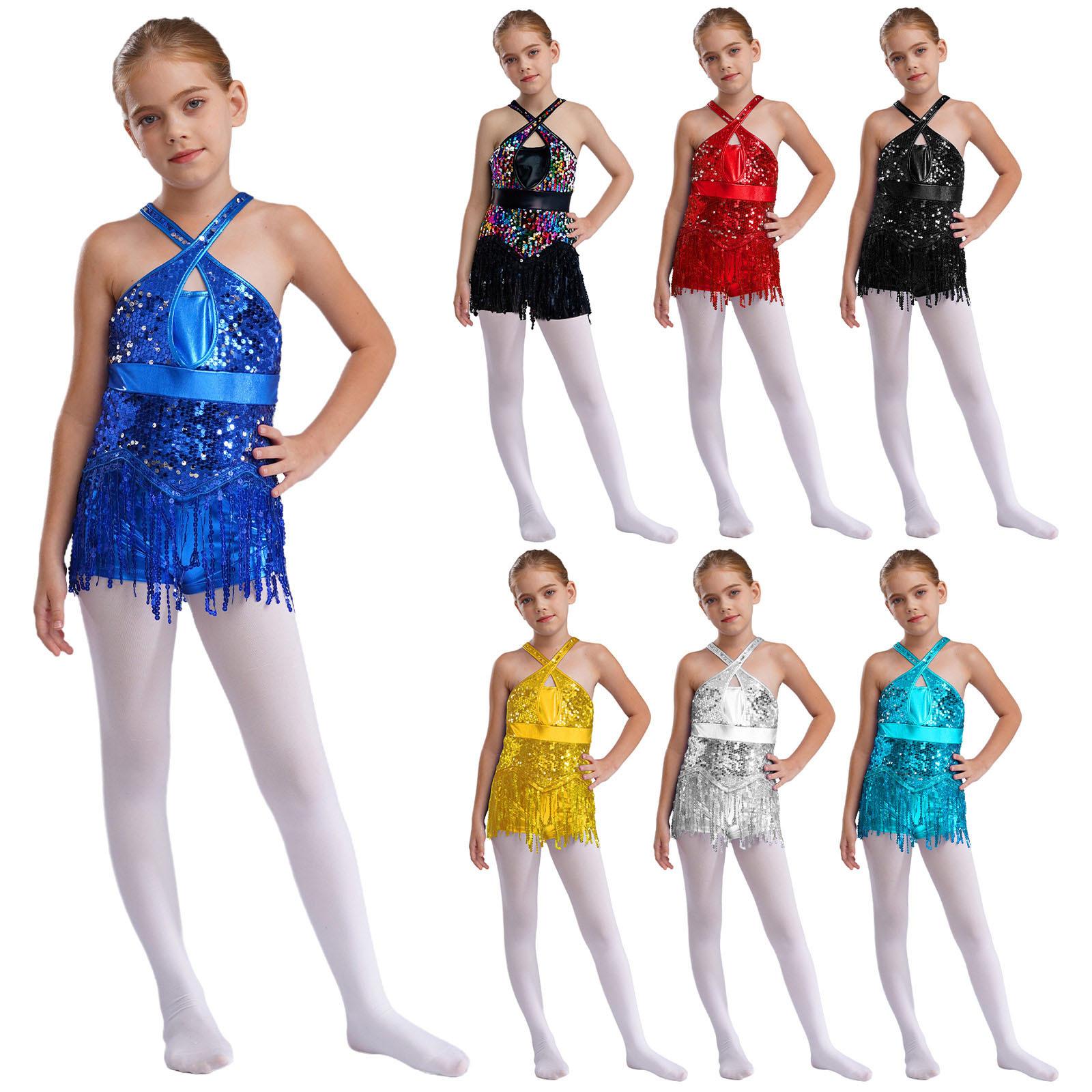 Kids Girls Latin Dance Cha-Cha Performance Costume Sparkly Sequins Tassel Leotard Cross Front Cutout Back Fringed Bodysuit Dancewear
Kids Girls Latin Dance Cha-Cha Performance Costume Sparkly Sequins Tassel Leotard Cross Front Cutout Back Fringed Bodysuit Dancewear