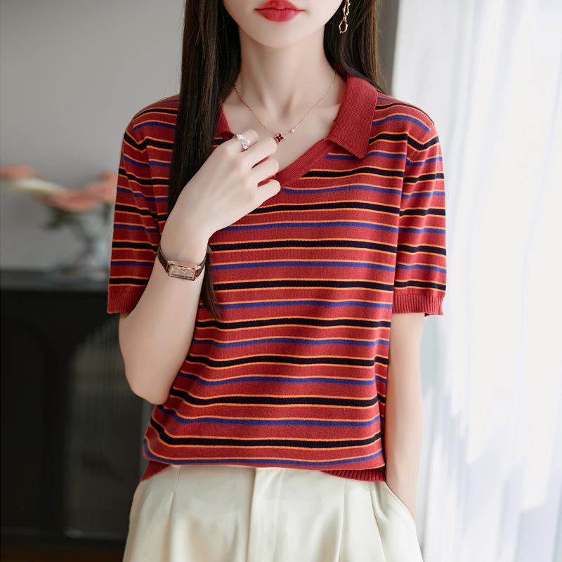 Pure Cotton Stripe V-neck Short-sleeved Women s Summer New Fashionable and Versatile Small Lapel T-shirt Atmospheric Loose and Comfortable Top M
Pure Cotton Stripe V-neck Short-sleeved Women s Summer New Fashionable and Versatile Small Lapel T-shirt Atmospheric Loose and Comfortable Top M