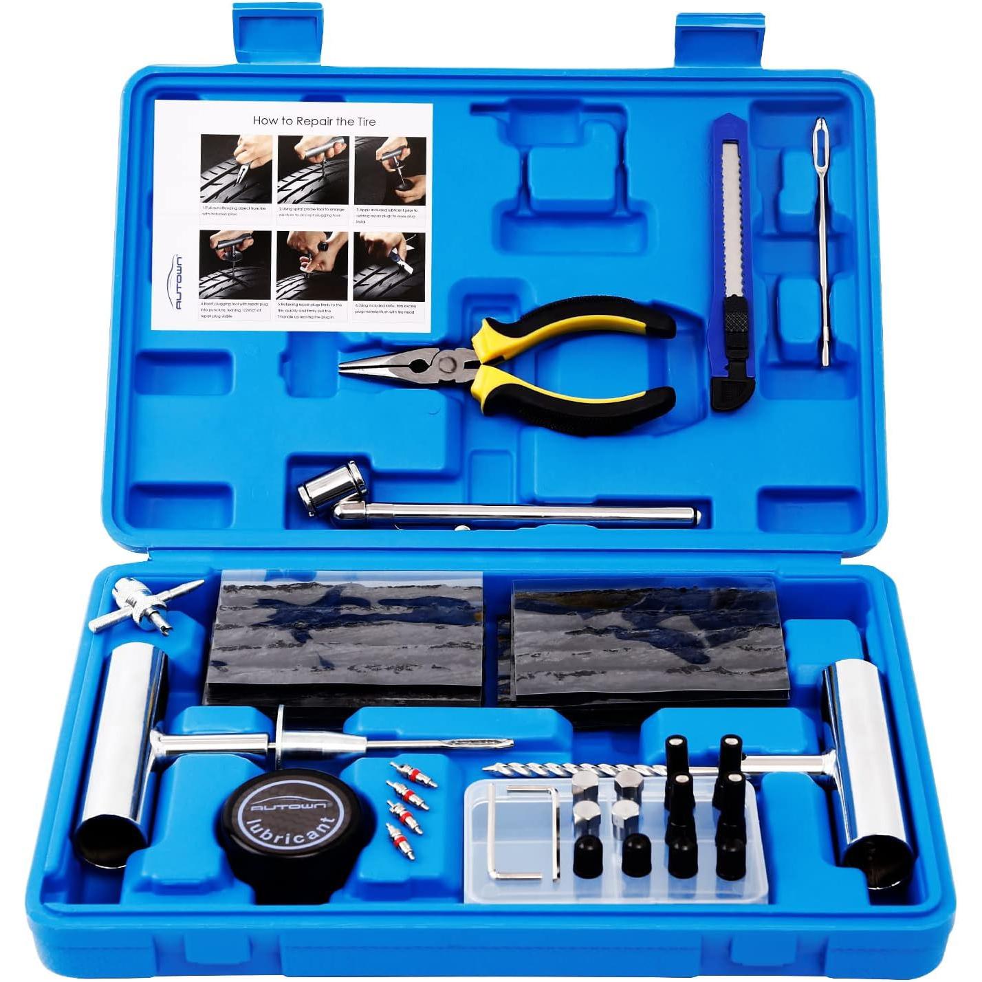 68pcs Tire Repair Kit, Heavy Duty Tire Plug Kit, Universal Tire Repair Tools to Fix Punctures and Plug Flats Patch Kit for Car Motorcycle,Truck,SUV 68pcs
68pcs Tire Repair Kit, Heavy Duty Tire Plug Kit, Universal Tire Repair Tools to Fix Punctures and Plug Flats Patch Kit for Car Motorcycle,Truck,SUV 68pcs