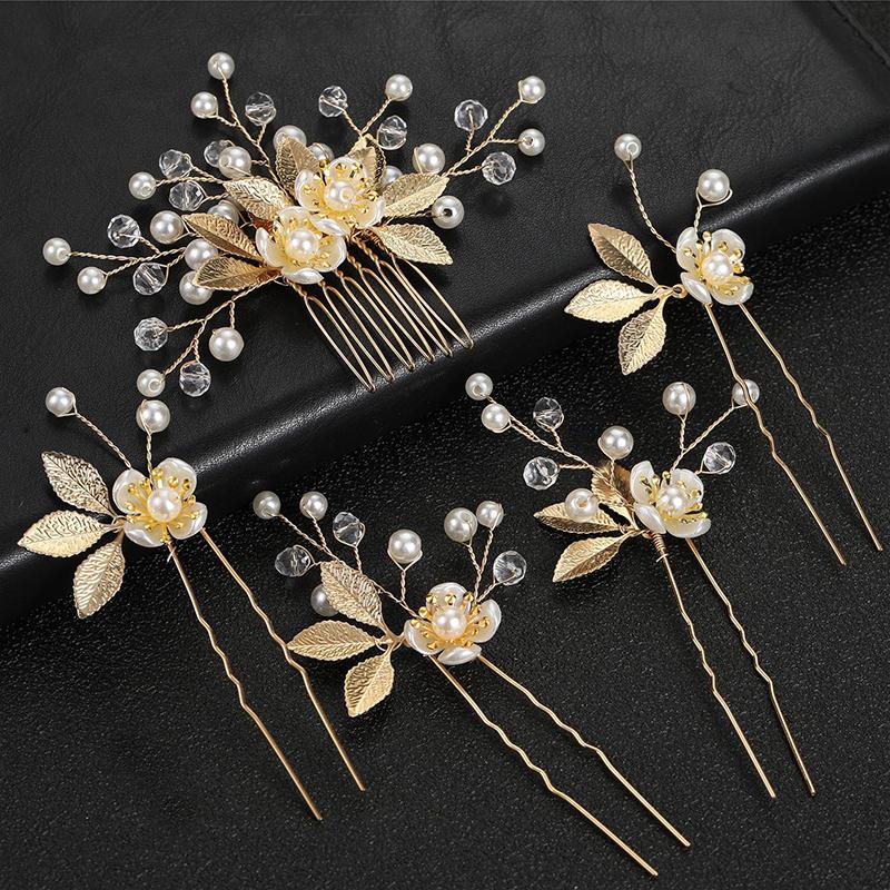 5-piece Set of Gold Leaf Hair Clips Flower Pearl Hair Forks Bridal Hair Clips Headwear Vintage Wedding Hair Accessories
5-piece Set of Gold Leaf Hair Clips Flower Pearl Hair Forks Bridal Hair Clips Headwear Vintage Wedding Hair Accessories