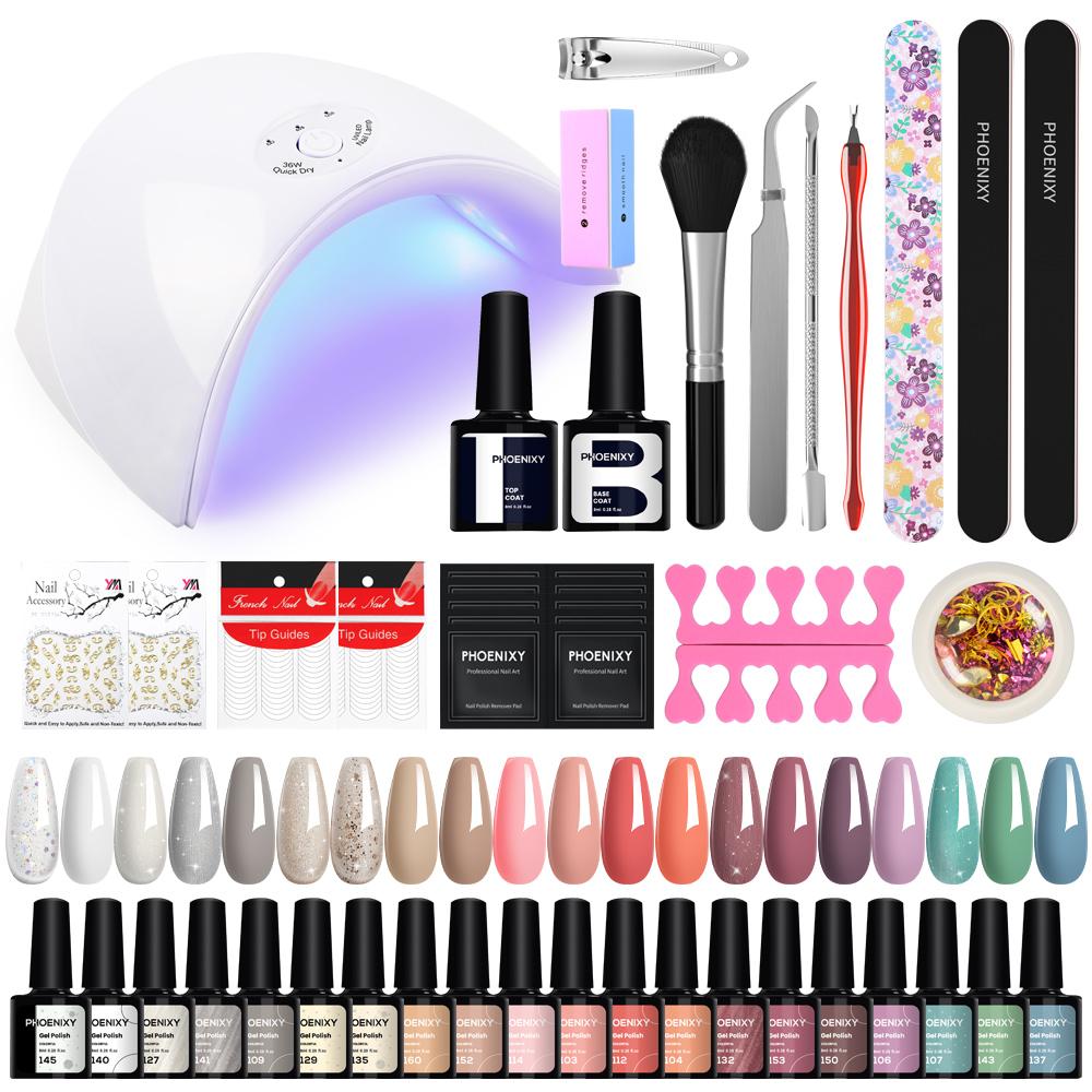 Набор гель-лаков PHOENIXY с УФ-лампой, снимаемое базовое и топовое покрытие, цветные гель-лаки, набор гелей для ногтей, серия ярко-коричневых, темно-коричневых и винно-красных оттенков, маникюрный набор SET B
