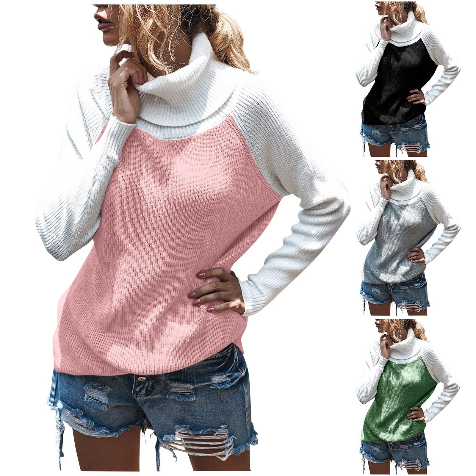 Women s Round Neck Sweater Loose Oversized High Neck Solid Color Sweater Color Matching Knit 
Women s Round Neck Sweater Loose Oversized High Neck Solid Color Sweater Color Matching Knit