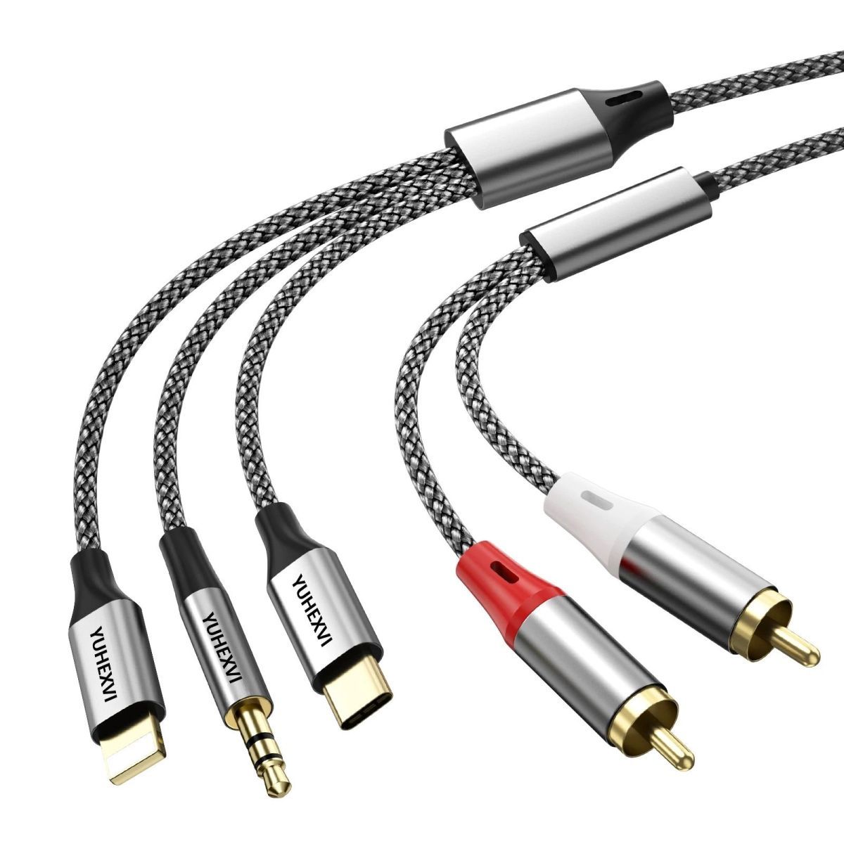 3-in-1 Audio Cable To 2RCA - IPhone Lighting/Type-C/3.5mm Aux with Braided Shield & Gold Plating 1.3M серый
3-in-1 Audio Cable To 2RCA - IPhone Lighting/Type-C/3.5mm Aux with Braided Shield & Gold Plating 1.3M серый