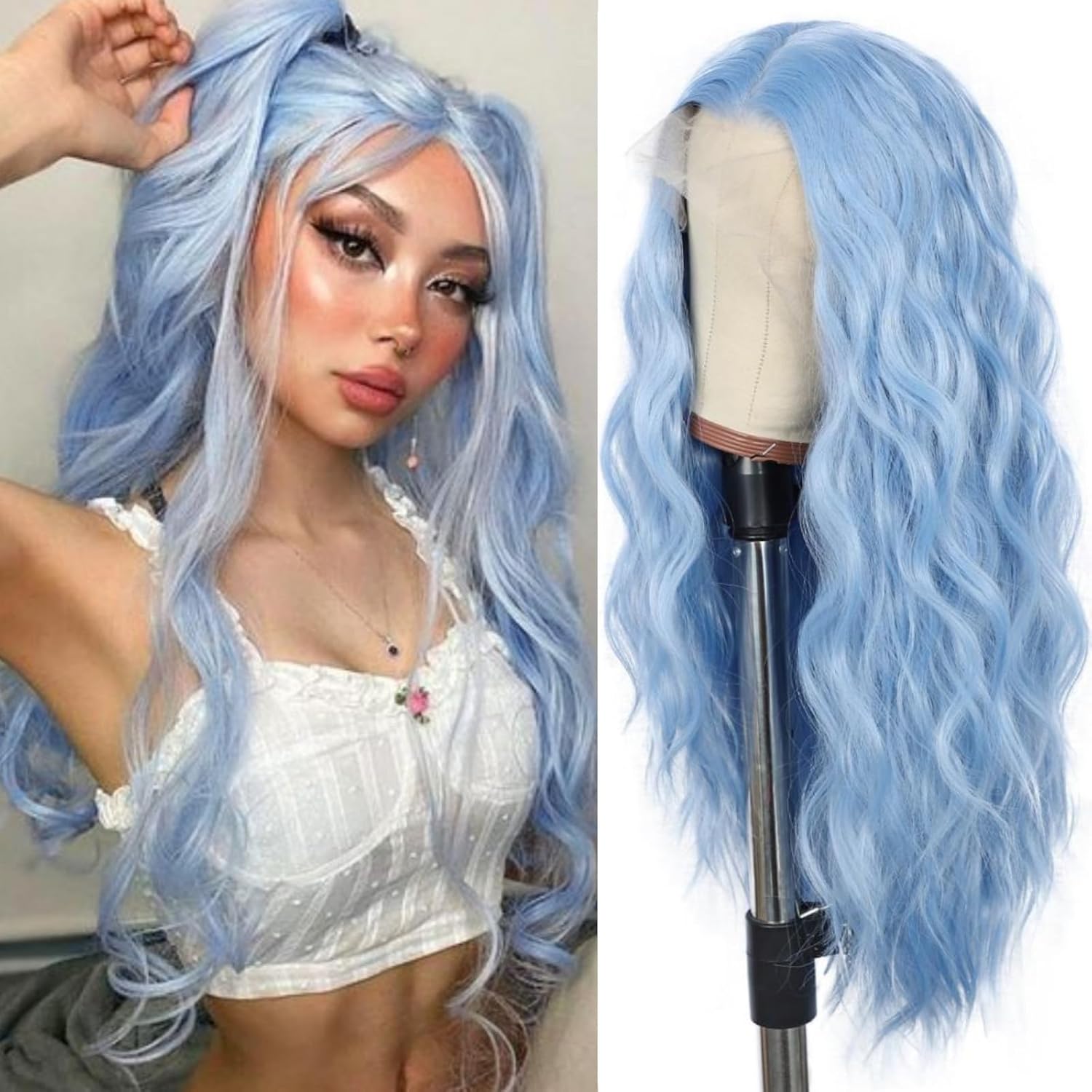 Blue Wavy 13×4 Lace Front Wig Long Hair Ice Blue Wigs for Women Heat Resistant Hair Daily Use Cosplay Party Halloween Wig 24inch (light blue,24inches&150%&1pc) светло-синий
Blue Wavy 13×4 Lace Front Wig Long Hair Ice Blue Wigs for Women Heat Resistant Hair Daily Use Cosplay Party Halloween Wig 24inch (light blue,24inches&150%&1pc) светло-синий