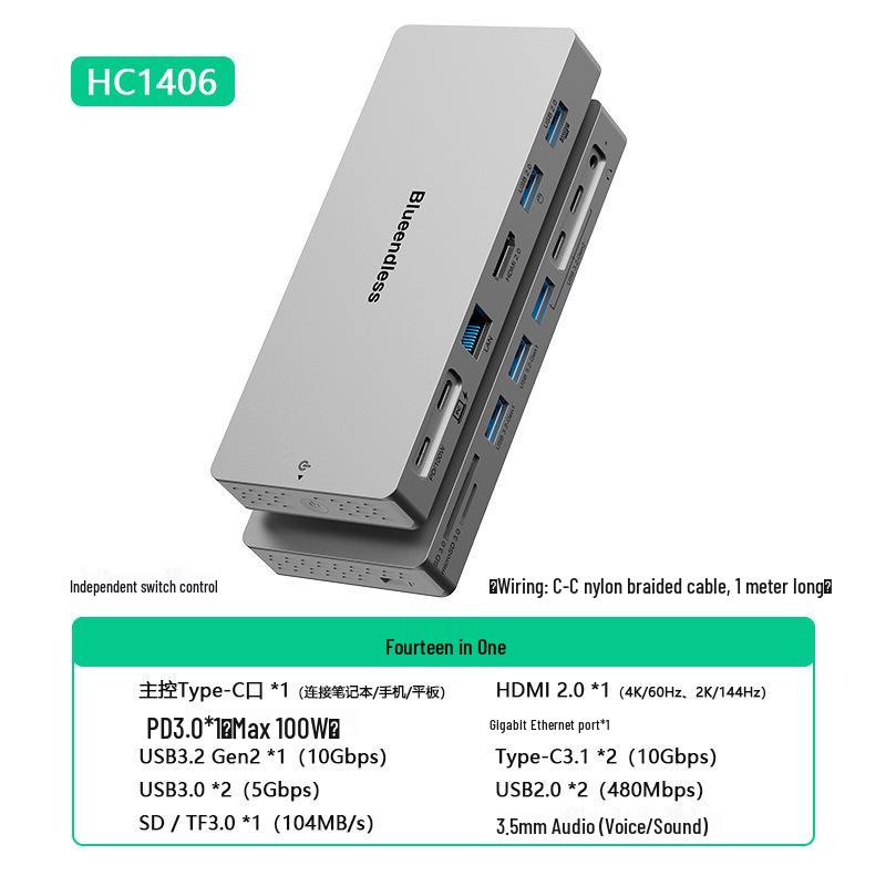 Type-C 14-in-1 Laptop Docking Station: 4K60Hz, 10Gbps, Gigabit Ethernet
Type-C 14-in-1 Laptop Docking Station: 4K60Hz, 10Gbps, Gigabit Ethernet