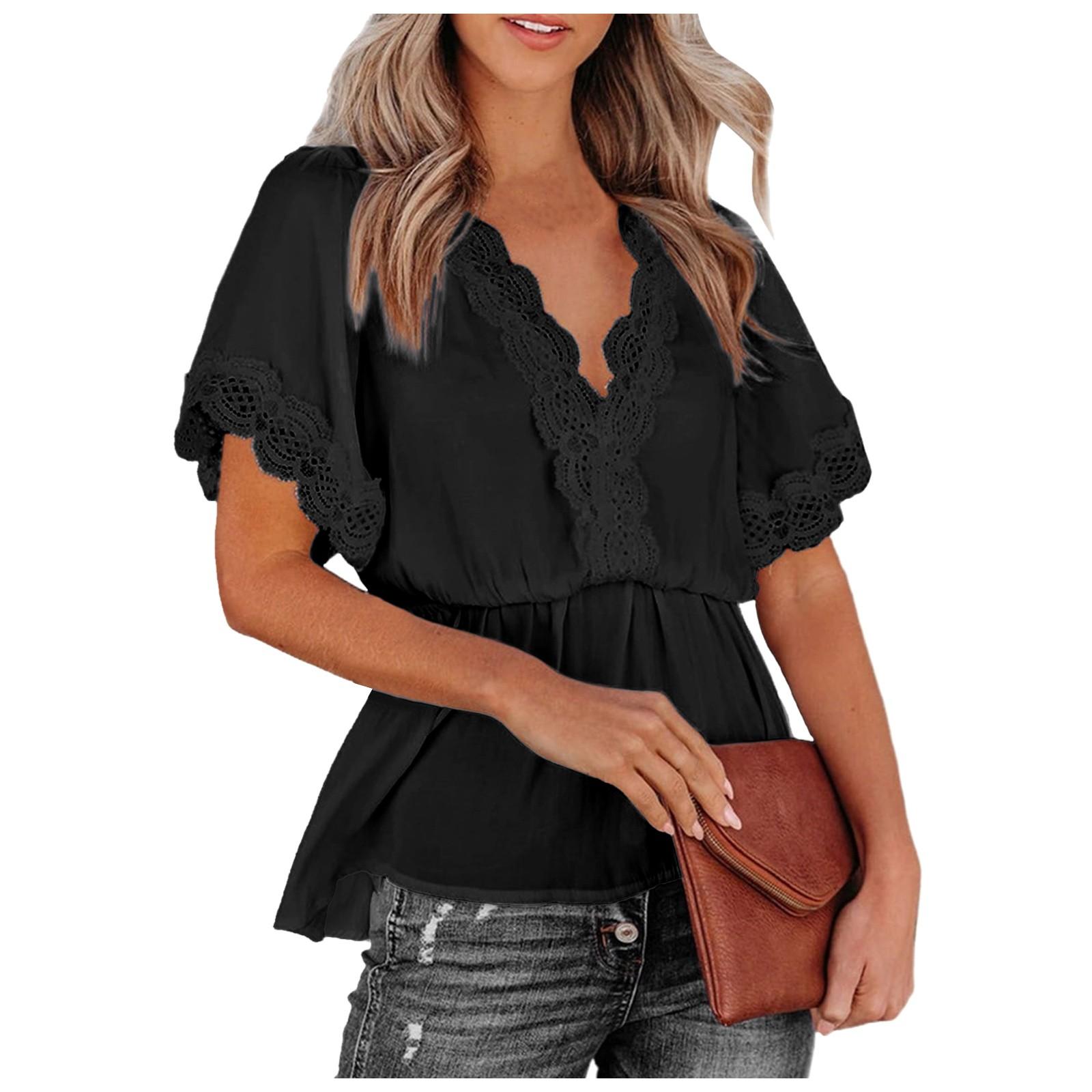 Женские рубашки Кружева с V-образным вырезом Сплошной цвет с рюшами Подол Свободные топы с короткими рукавами L чёрный
Женские рубашки Кружева с V-образным вырезом Сплошной цвет с рюшами Подол Свободные топы с короткими рукавами L чёрный