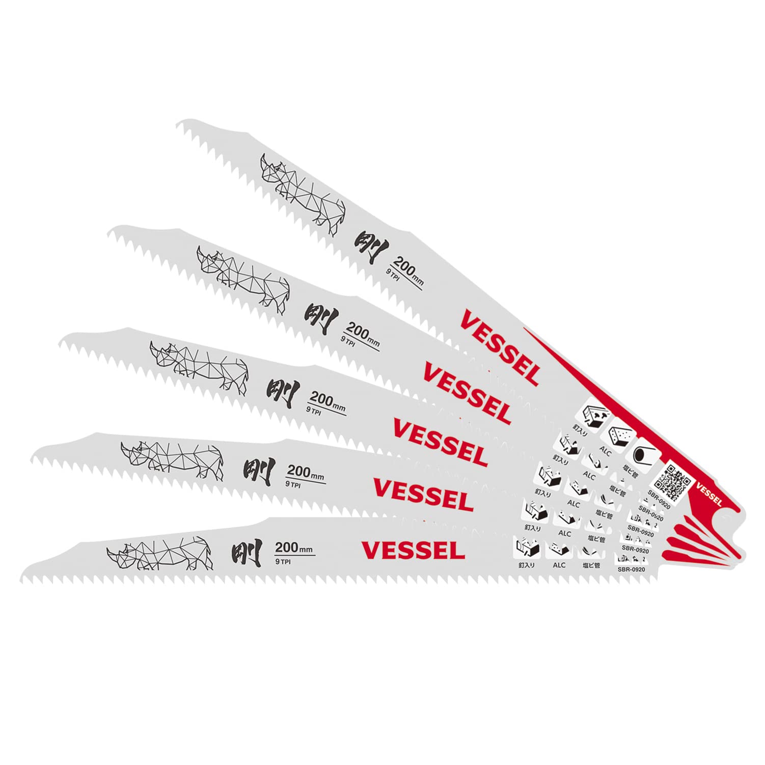 VESSEL Rhino Saber Saw Blades ALC 9 200mm 5 blades (for demolition/demolition), teeth, 1.27mm thick, long, (SBR-0920-5)
VESSEL Rhino Saber Saw Blades ALC 9 200mm 5 blades (for demolition/demolition), teeth, 1.27mm thick, long, (SBR-0920-5)