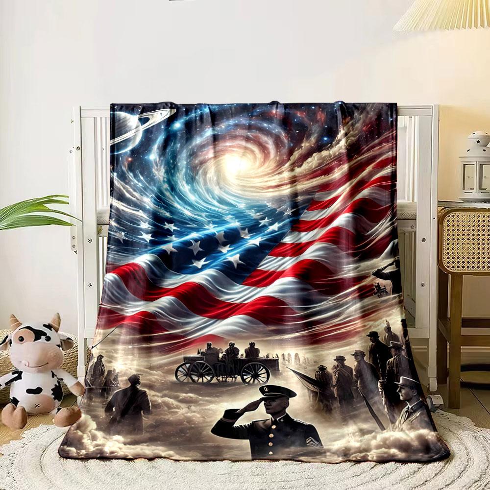 Swirling galaxy blends with an American flag above military figures. for all seasons blanket lunch break throw gift 80cm x 120cm
Swirling galaxy blends with an American flag above military figures. for all seasons blanket lunch break throw gift 80cm x 120cm