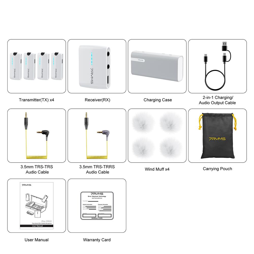 7Ryms iRay DW40 Wireless Lavalier Microphone with 4 Transmitters,48kHz/24bit Recording,AI Denoise for Camera,SmartPhone and PC iRay DW40(White)
7Ryms iRay DW40 Wireless Lavalier Microphone with 4 Transmitters,48kHz/24bit Recording,AI Denoise for Camera,SmartPhone and PC iRay DW40(White)