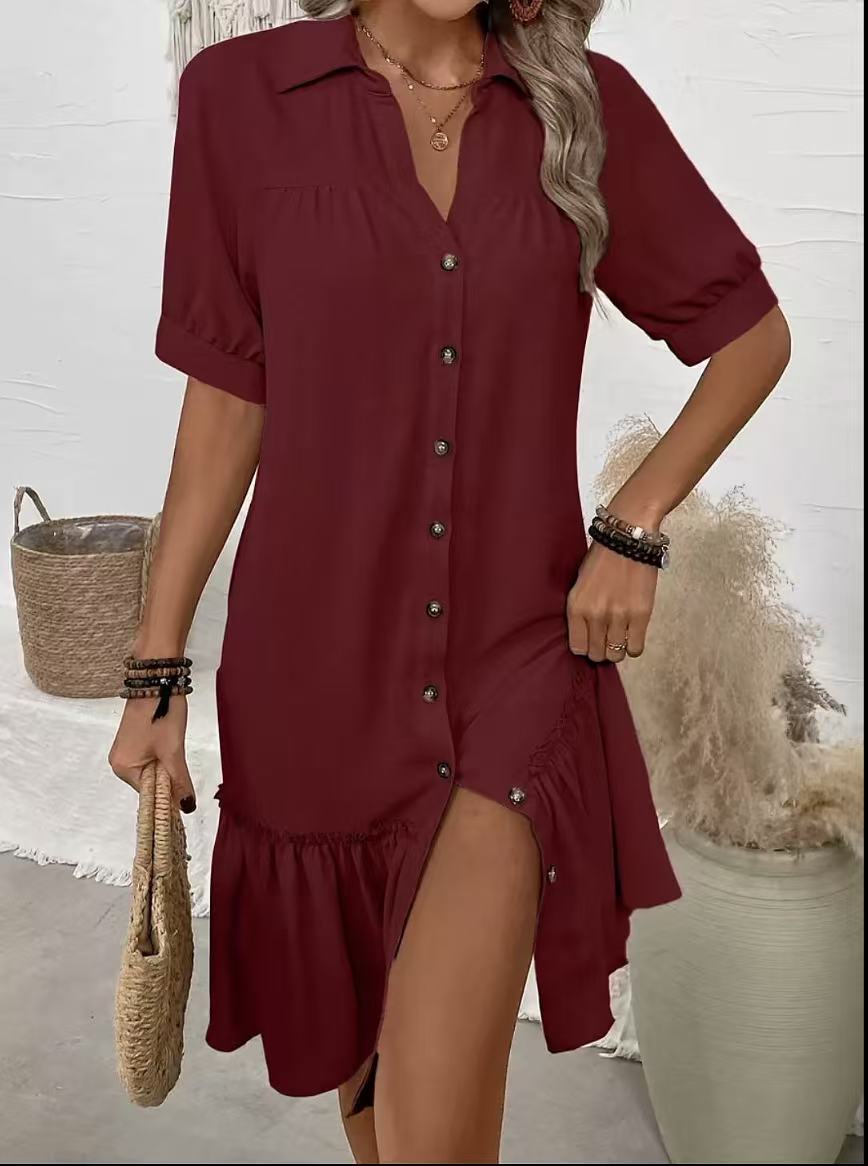 European and American Independent Station Spring and Summer New Solid Color Lapel Cardigan Short Sleeve Splicing Dress Women 3XL темно-червоний колір
European and American Independent Station Spring and Summer New Solid Color Lapel Cardigan Short Sleeve Splicing Dress Women 3XL темно-червоний колір