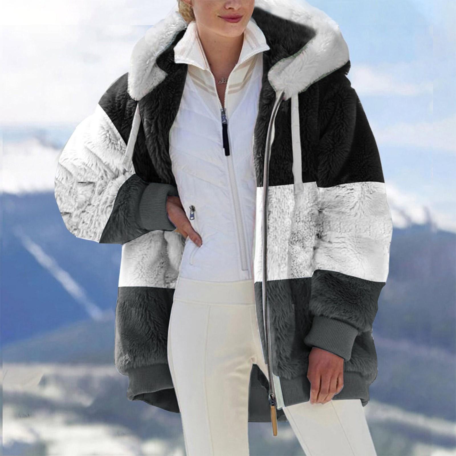 Женская свободная плюшевая куртка большого размера с разноцветными панелями на молнии с капюшоном S