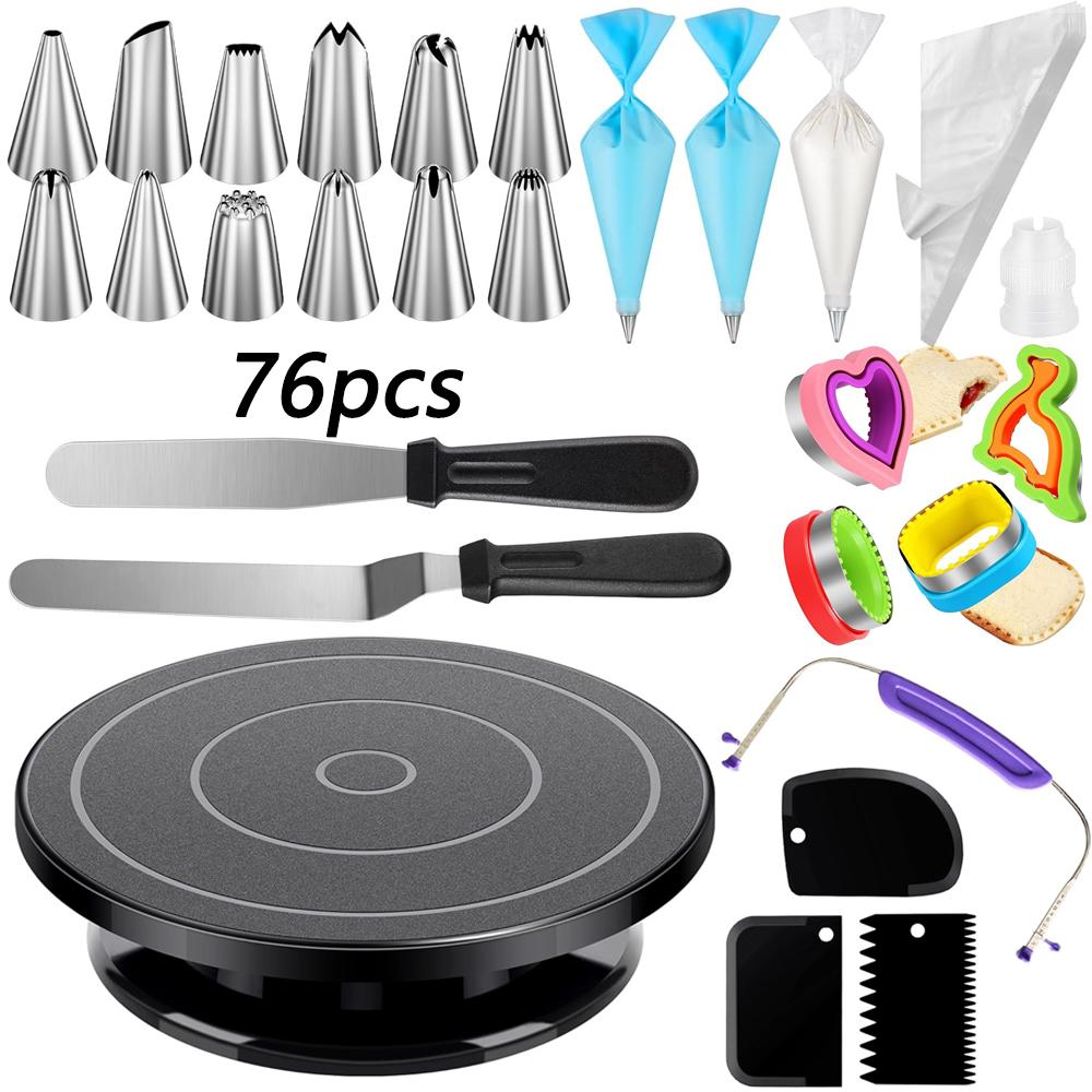 76-Piece Cake Decorating Kit With Rotating Cake Stand Turntable, 4 Sandwich Cutters, 1 Divider, 12 Piping Tips, 2 Spatulas, 3 Icing Combs and Scrapers
76-Piece Cake Decorating Kit With Rotating Cake Stand Turntable, 4 Sandwich Cutters, 1 Divider, 12 Piping Tips, 2 Spatulas, 3 Icing Combs and Scrapers