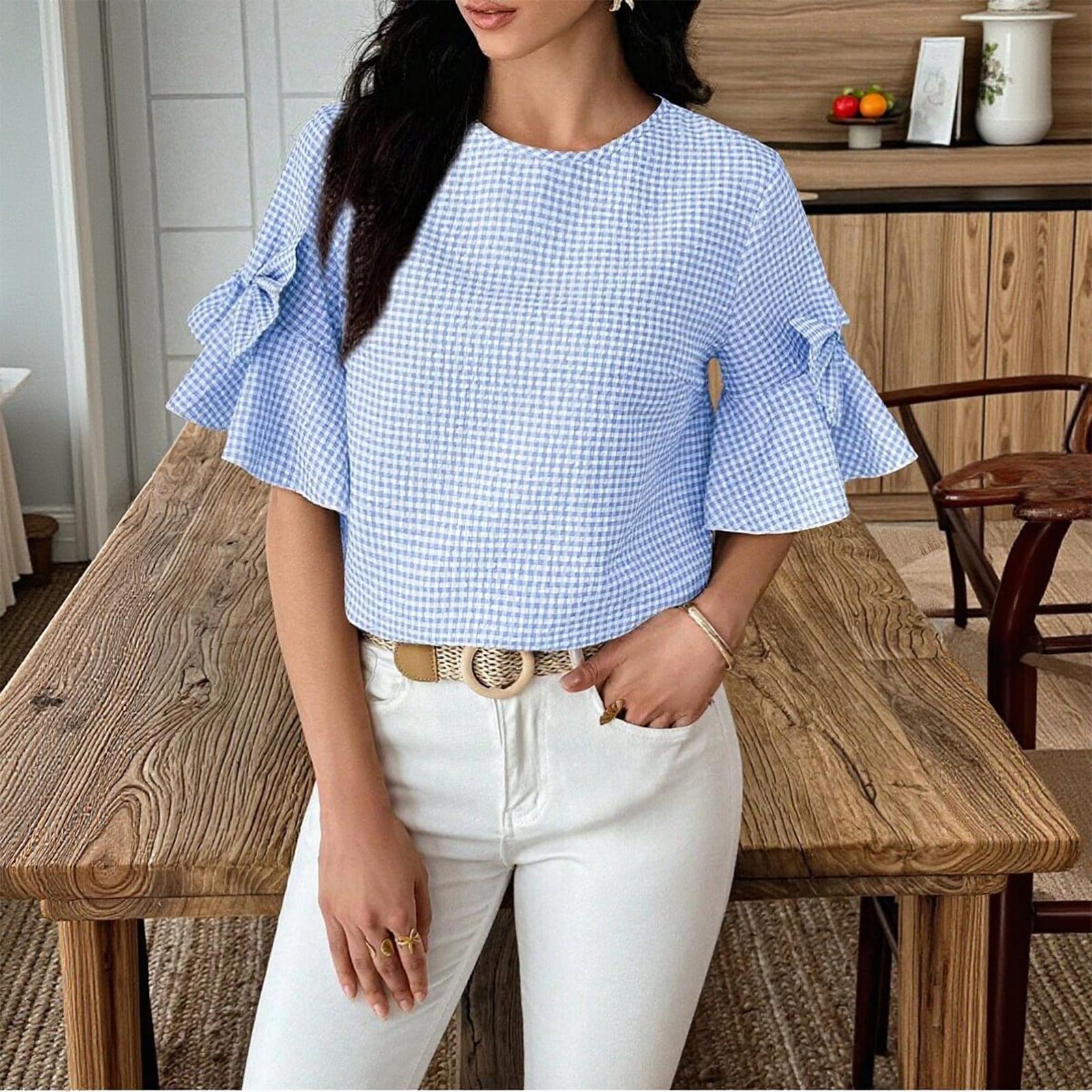 Women Casual Bowknot Decoration Plaid Round Neck Five-Sleeve Top Lightweight Loose Fit Shirt for Daily Wear M
Women Casual Bowknot Decoration Plaid Round Neck Five-Sleeve Top Lightweight Loose Fit Shirt for Daily Wear M