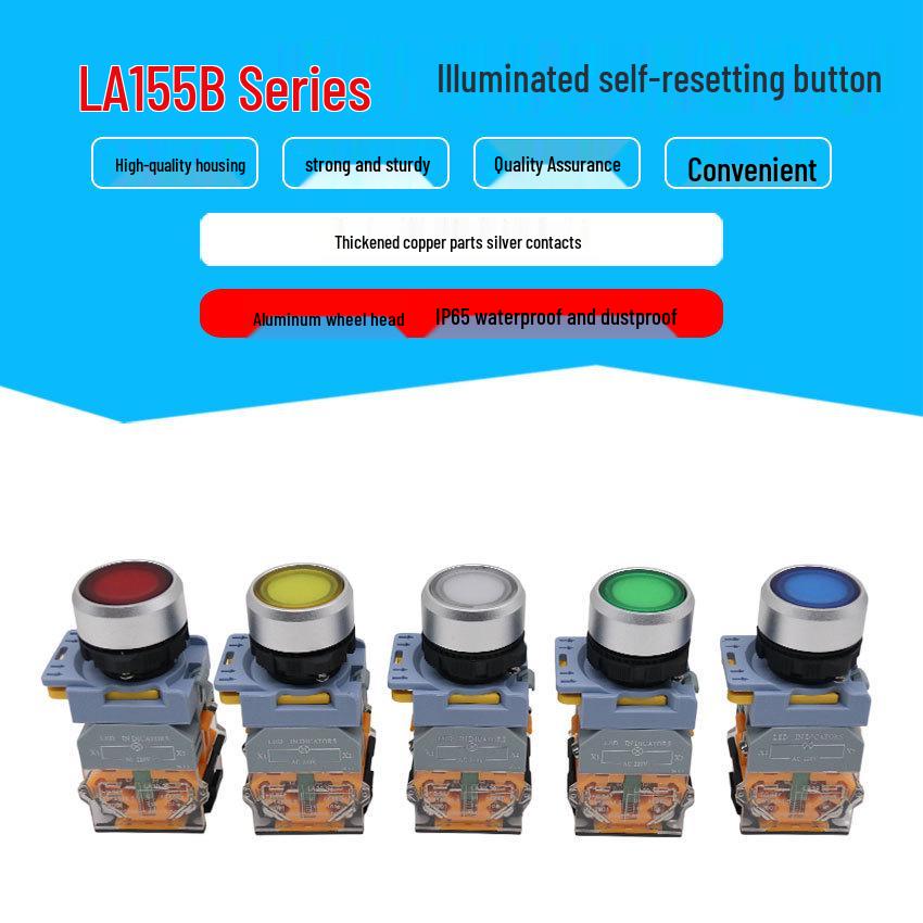 LA155B-11D IP65 Waterproof Flat Reset Switch, Lighted, Dust & Oil Resistant, Silver Contacts, Enhanced Copper Parts Green 220V
LA155B-11D IP65 Waterproof Flat Reset Switch, Lighted, Dust & Oil Resistant, Silver Contacts, Enhanced Copper Parts Green 220V