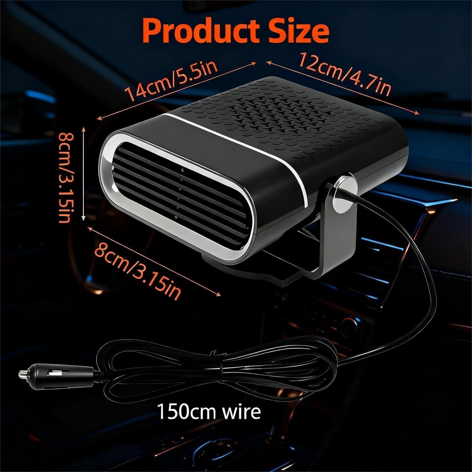 12V Portable Car Heater, 150W Fast Heating Car Defroster & Defogger with 360° Rotatable Design, Cigarette Lighter Plug, Winter Essential for Cars,
12V Portable Car Heater, 150W Fast Heating Car Defroster & Defogger with 360° Rotatable Design, Cigarette Lighter Plug, Winter Essential for Cars,