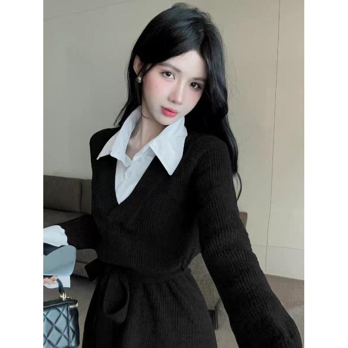 College style pure desire ceiling gray fake two-piece knitted dress blouse collar strap waist hip skirt One size fits all чёрный
College style pure desire ceiling gray fake two-piece knitted dress blouse collar strap waist hip skirt One size fits all чёрный