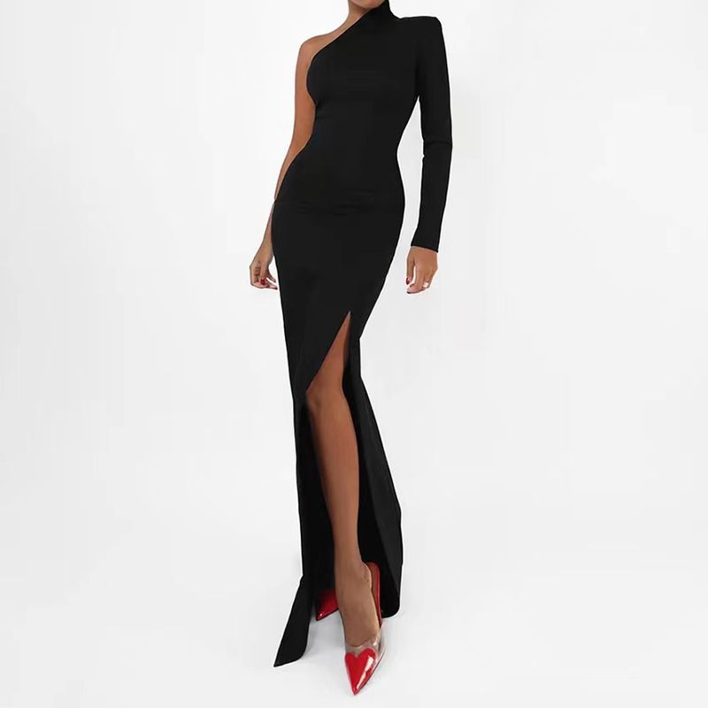 Мода Ветер Новинка Модное Платье на Одно Плечо с Высокой Талией и Разрезом Вечернее Платье с Высокой Талией и Разрезом Black L
