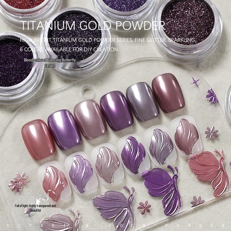 Titanium Gold Nail Art Magic Mirror Powder in Blood Color Dancing Butterfly Purple, High-Light Metallic Electroplating Laser Glitter.
Titanium Gold Nail Art Magic Mirror Powder in Blood Color Dancing Butterfly Purple, High-Light Metallic Electroplating Laser Glitter.