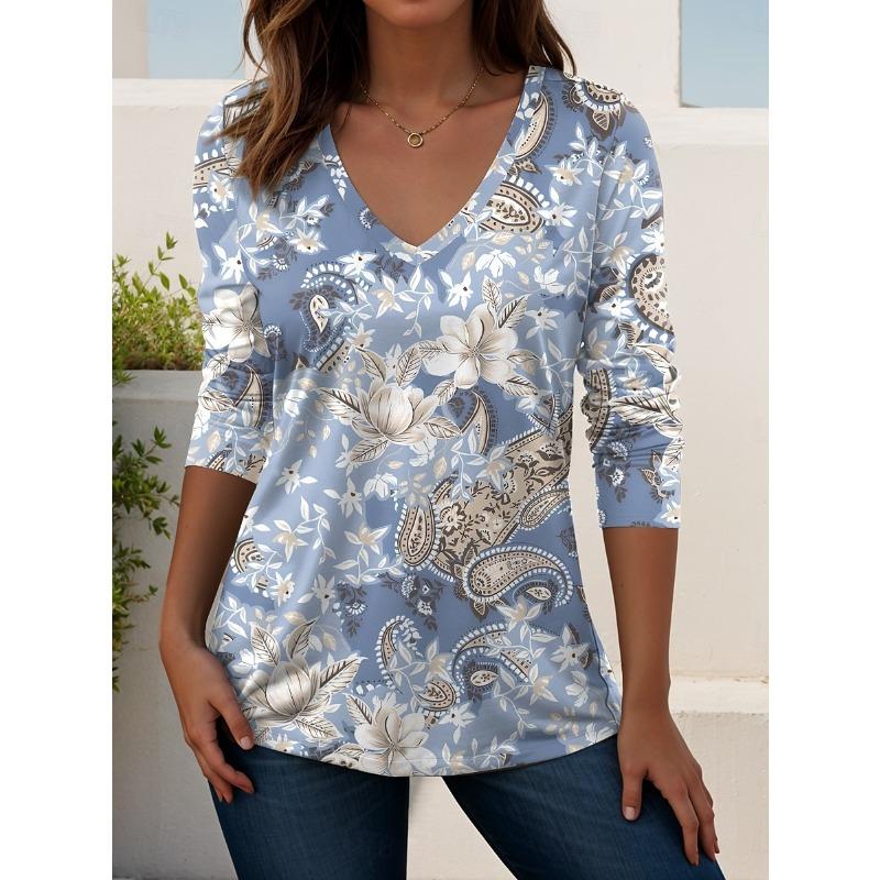 Women s Elegant V-neck Ethnic Retro Print Long Sleeve T-shirt Soft Polyester Perfect for Autumn and Winter Casual Wear Tops S
Women s Elegant V-neck Ethnic Retro Print Long Sleeve T-shirt Soft Polyester Perfect for Autumn and Winter Casual Wear Tops S