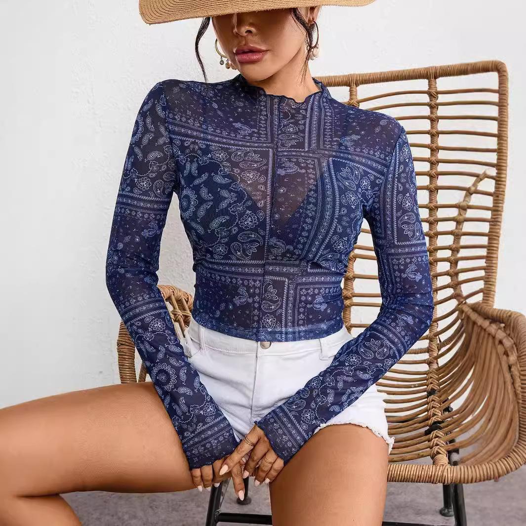 Осенне-зимняя женская элегантная сетчатая принтованная стоячая футболка с длинным рукавом и короткими рукавами M синий