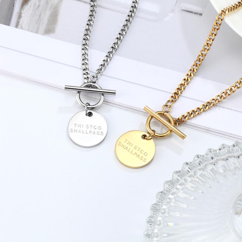 14k Gold Round Tag Letter Necklace: European & American Titanium Steel Fashion Jewelry.
14k Gold Round Tag Letter Necklace: European & American Titanium Steel Fashion Jewelry.