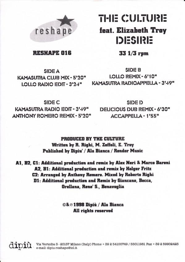 12inch Record CULTURE, ELISABETH TROY - Desire RESHAPE016 Reshape 1998 Italy Dance & Electronica Used
12inch Record CULTURE, ELISABETH TROY - Desire RESHAPE016 Reshape 1998 Italy Dance & Electronica Used
