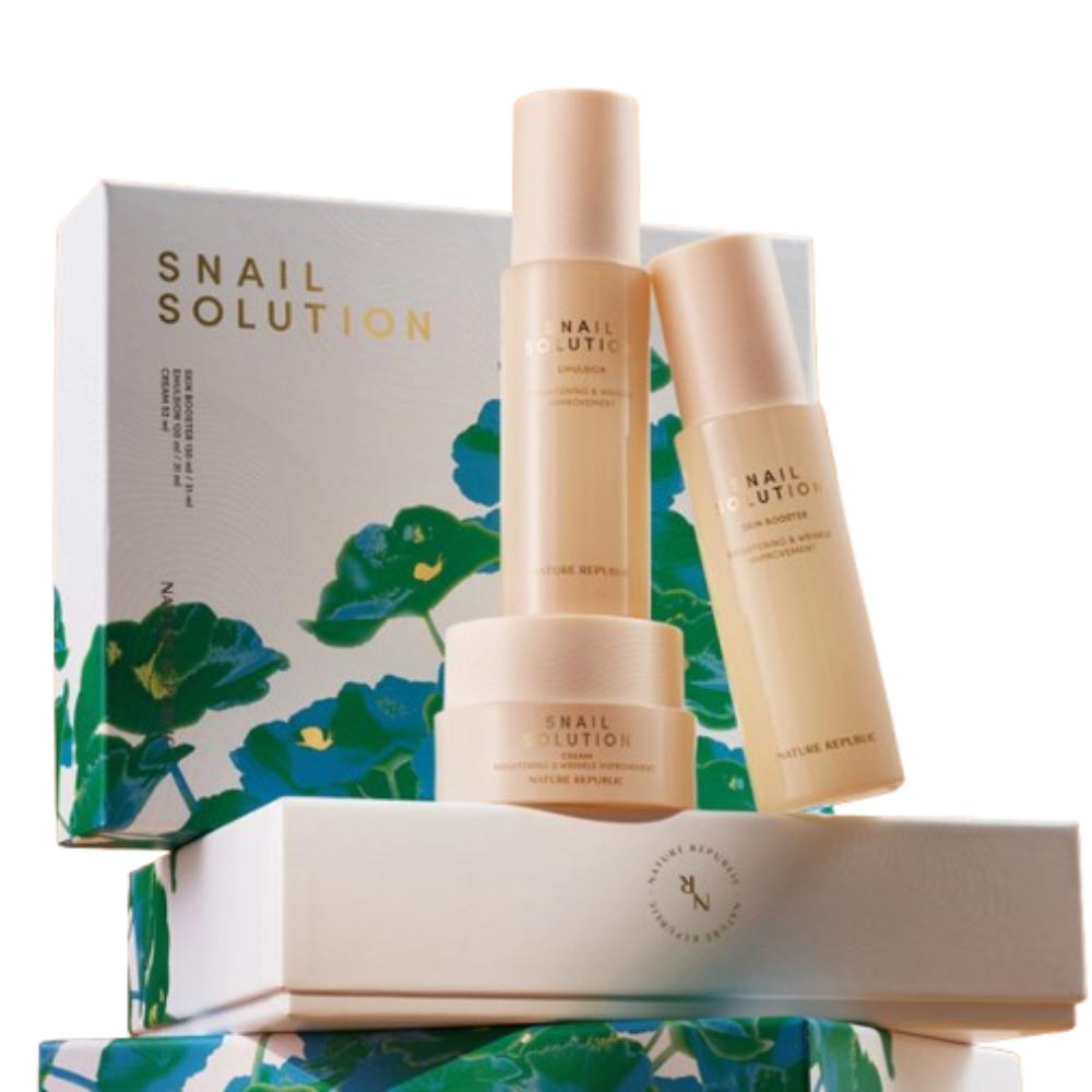 NATURE REPUBLIC Snail Solution Skin Care 3pcs Set Snail Mucin Regenerating & Hydrating Skin Care Kit (Skin 130ml + Emulsion 120ml + Cream 52ml)
NATURE REPUBLIC Snail Solution Skin Care 3pcs Set Snail Mucin Regenerating & Hydrating Skin Care Kit (Skin 130ml + Emulsion 120ml + Cream 52ml)