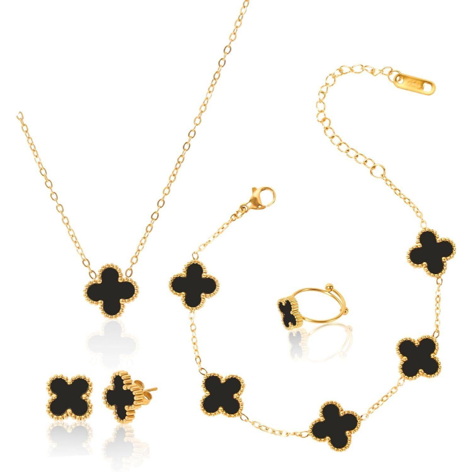 Антитемні прикраси Найновіший стильний комплект: каблучка-конюшина, сережки, браслет, ланцюжок з підвіскою, подарунковий набір намиста для жінок та дівчат
Антитемні прикраси Найновіший стильний комплект: каблучка-конюшина, сережки, браслет, ланцюжок з підвіскою, подарунковий набір намиста для жінок та дівчат