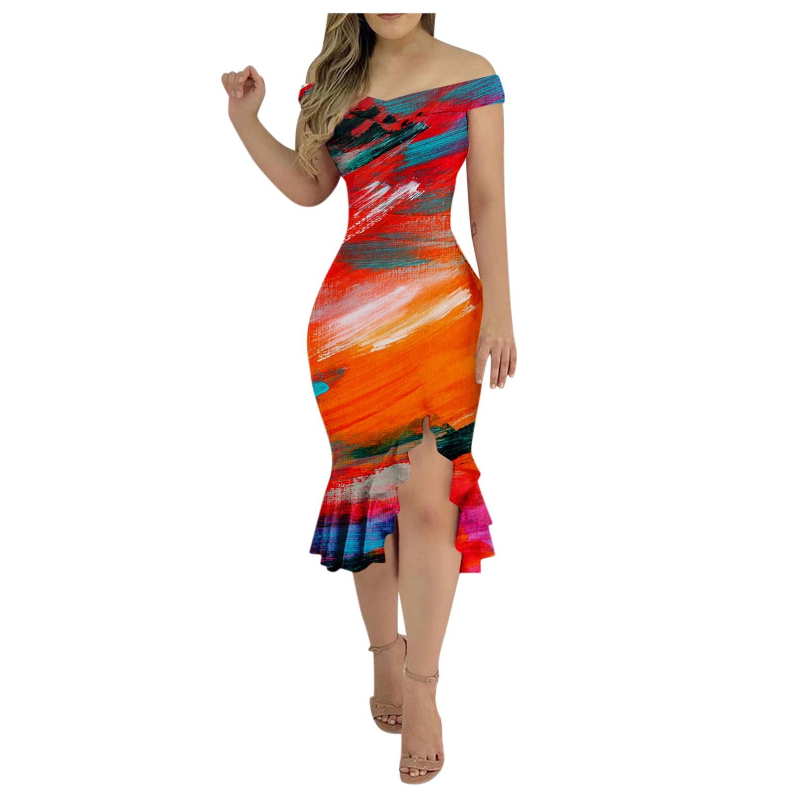 Женское сексуальное платье с принтом тай-дай и разрезом по бокам, с одной шеей и открытой спиной, с нерегулярным подолом L оранжевый