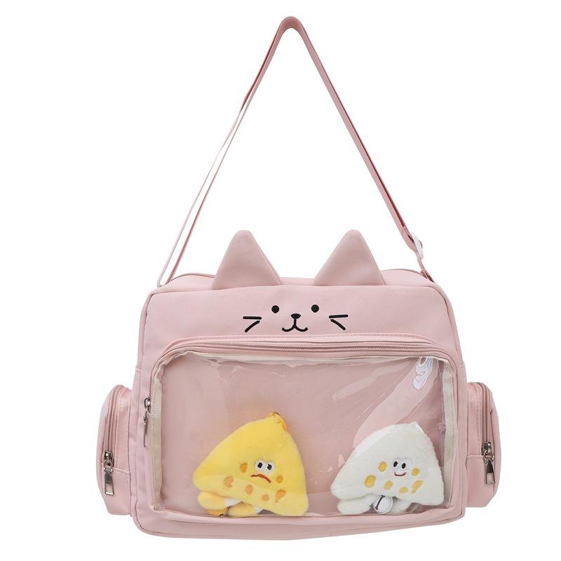 Студенческая сумка через плечо большой емкости с кошачьим принтом для девочек, прозрачная сумка через плечо розовый