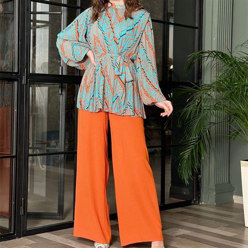 Bubble Sleeve Lace Up Shirt High Waist Wide Leg Trouser Set Blue Orange Pleated Suit M
Bubble Sleeve Lace Up Shirt High Waist Wide Leg Trouser Set Blue Orange Pleated Suit M