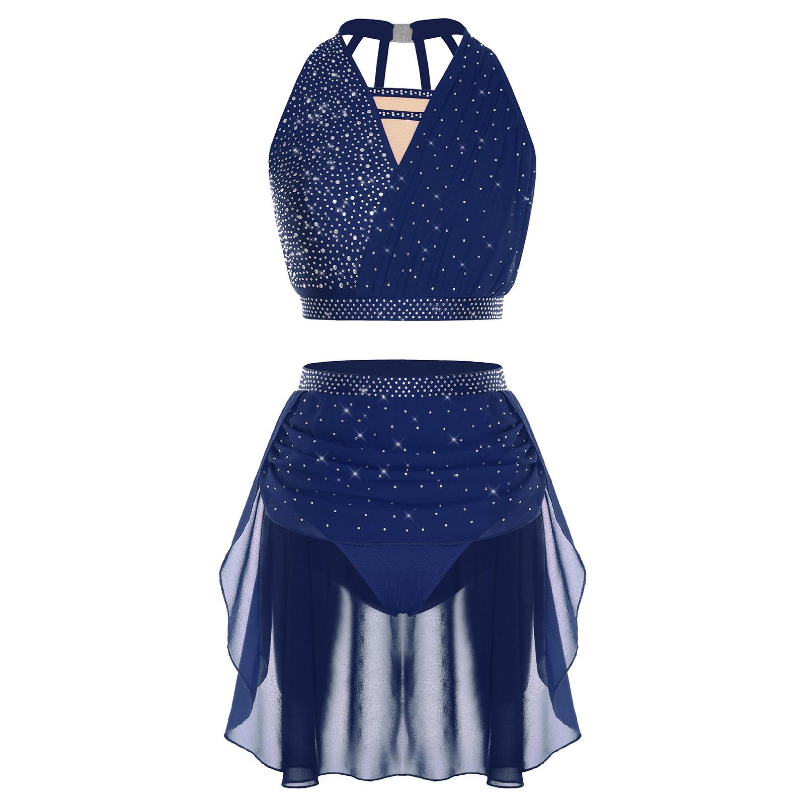 Жіночий костюм для ліричного танцю Без рукавів Халтер Зі зборками Кроп-топ з нерівним подолом Вбудовані трусики Костюм зі стразами L темно-синього кольору
Жіночий костюм для ліричного танцю Без рукавів Халтер Зі зборками Кроп-топ з нерівним подолом Вбудовані трусики Костюм зі стразами L темно-синього кольору