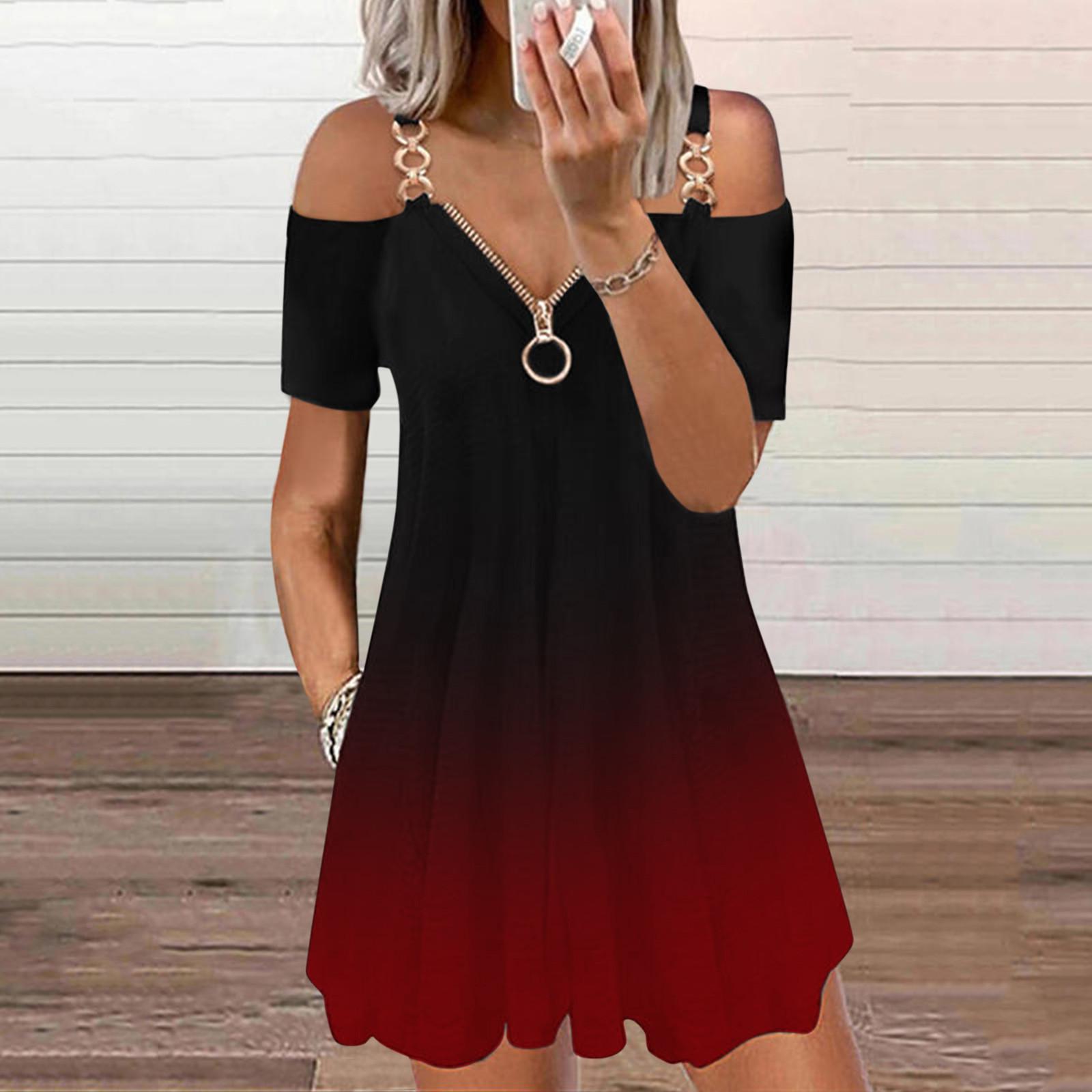 Women Casual Sling Off Shoulder Short Sleeve Zipper V-neck Gradient Color Dress L винний
Women Casual Sling Off Shoulder Short Sleeve Zipper V-neck Gradient Color Dress L винний
