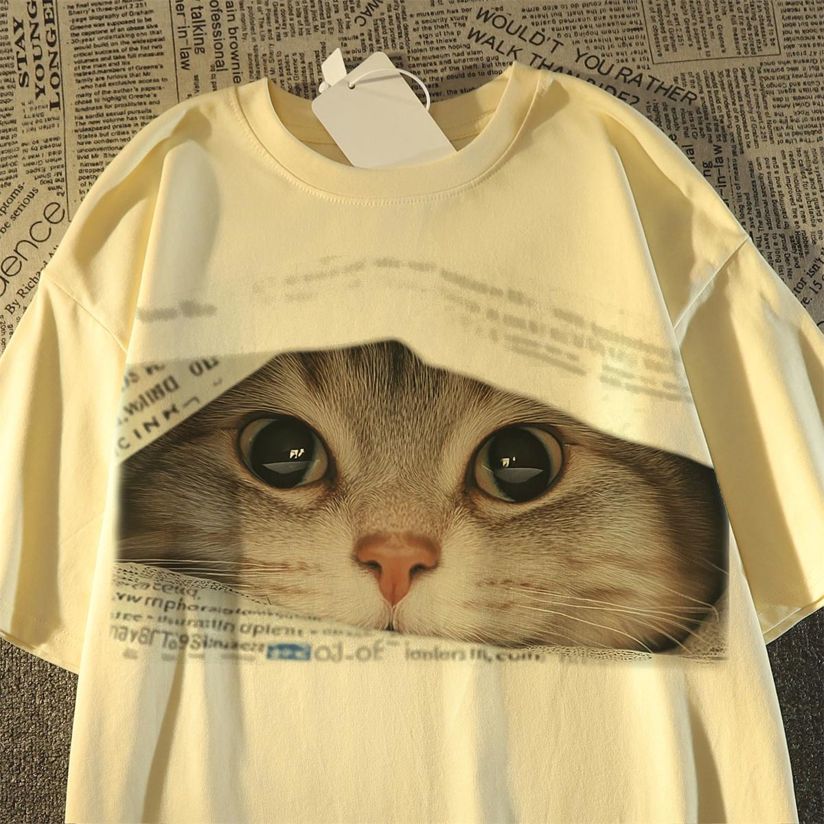 Летняя милая футболка с принтом 3D кота, женская одежда, высококачественные футболки из 100% хлопка, белая футболка Harajuku большого размера, унисекс, топы Y2k, уличная одежда в стиле хип-хоп M бежевый