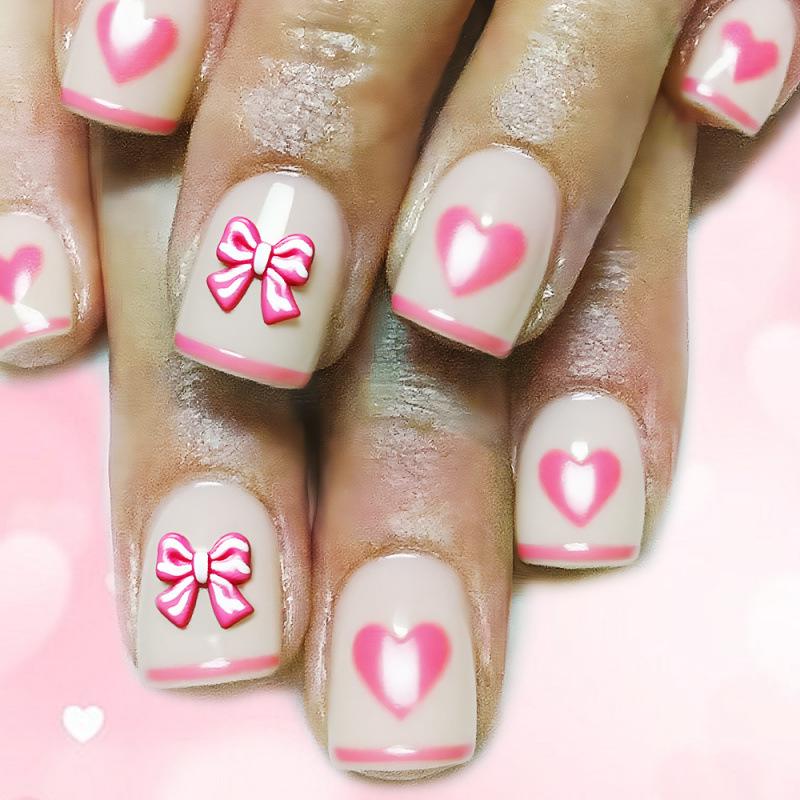 Short Square Wearable Nail Art: White French Style with 3D Bow & Heart, Set of 24.
Short Square Wearable Nail Art: White French Style with 3D Bow & Heart, Set of 24.