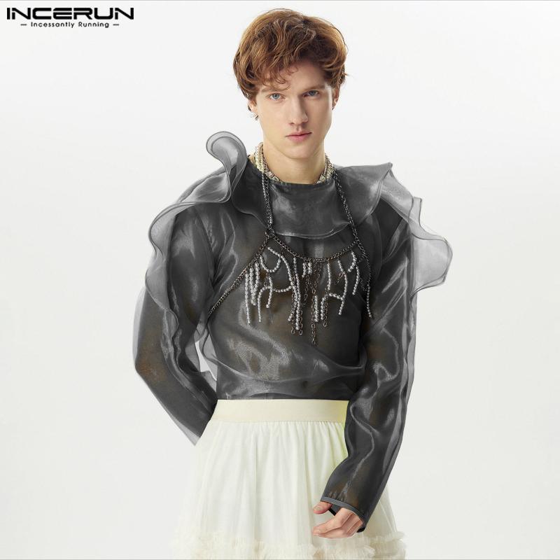 INCERUN Мужские прозрачные клубные топы из органзы с длинными рукавами и рюшами 
INCERUN Мужские прозрачные клубные топы из органзы с длинными рукавами и рюшами