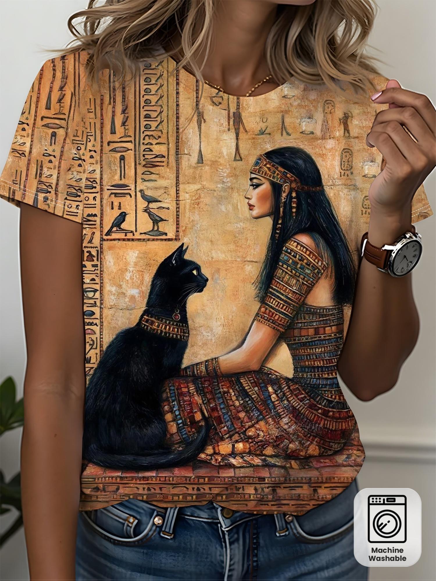 Women Egyptian Pharaoh Cleopatra ; Black Cat Mural Print T-Shirt - Retro Round Neck Short Sleeve Blouse-Compatible Suitable for Casual Attire. Commut M
Women Egyptian Pharaoh Cleopatra ; Black Cat Mural Print T-Shirt - Retro Round Neck Short Sleeve Blouse-Compatible Suitable for Casual Attire. Commut M