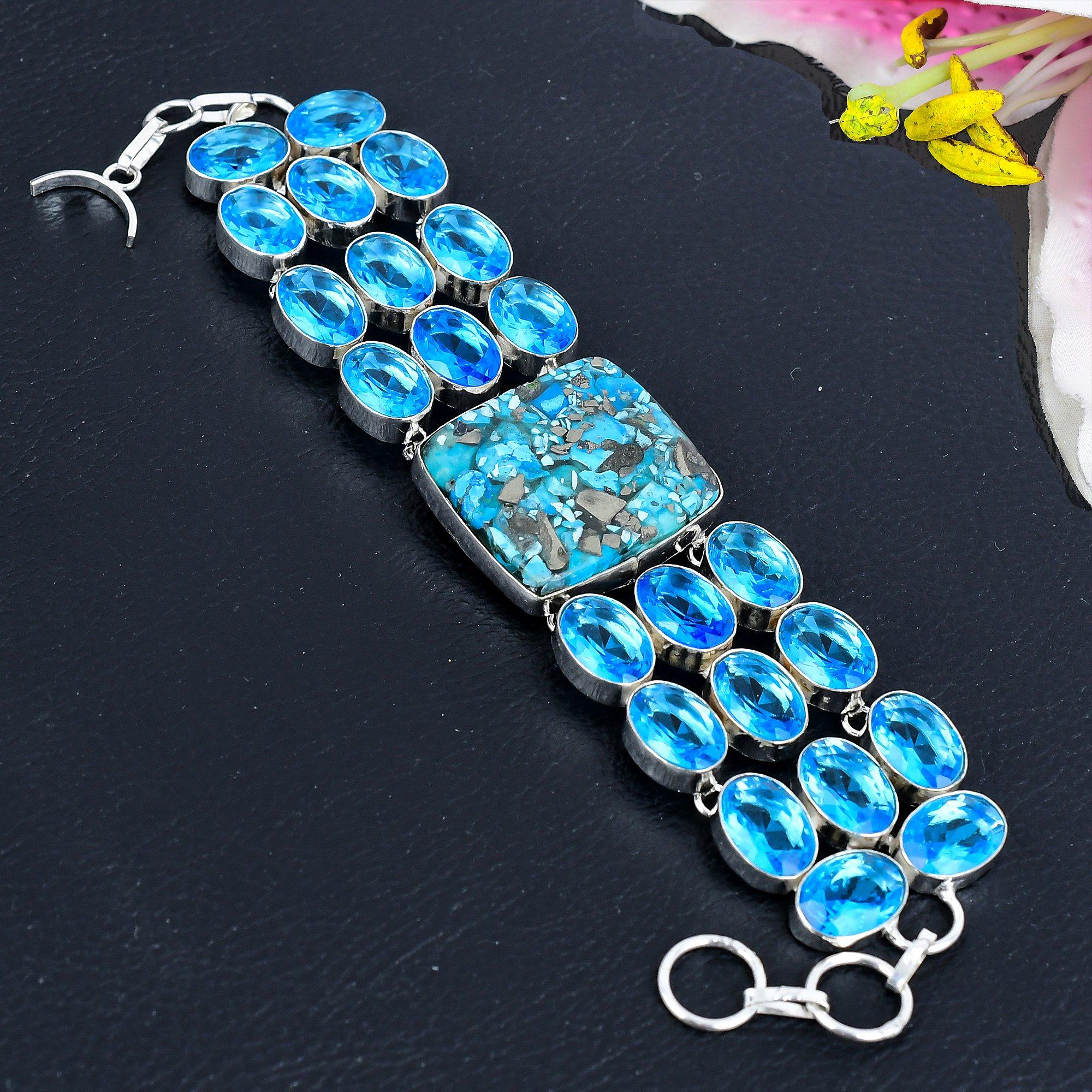 Pyrite In Turquoise, Blue Topaz Gemstone 925 Sterling Silver Bracelet 7-8 KG-1828
Pyrite In Turquoise, Blue Topaz Gemstone 925 Sterling Silver Bracelet 7-8 KG-1828
