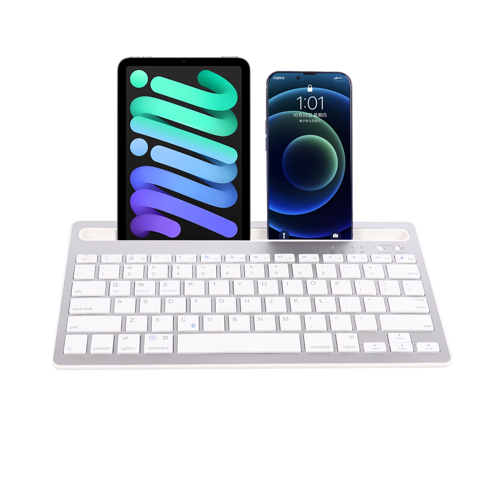 USB Rechargeable Bluetooth Wireless Keyboard for iPad and Connects to Two Features Stand English Compatible with and Silver Tablets, Devices,
USB Rechargeable Bluetooth Wireless Keyboard for iPad and Connects to Two Features Stand English Compatible with and Silver Tablets, Devices,