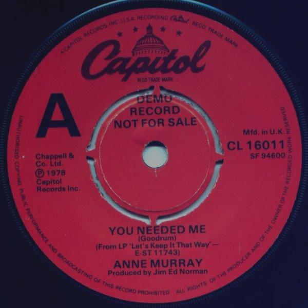 7inch Record ANNE MURRAY - You Needed Me CL16011PROMO Capitol Records 1978 UK Pop Used
7inch Record ANNE MURRAY - You Needed Me CL16011PROMO Capitol Records 1978 UK Pop Used