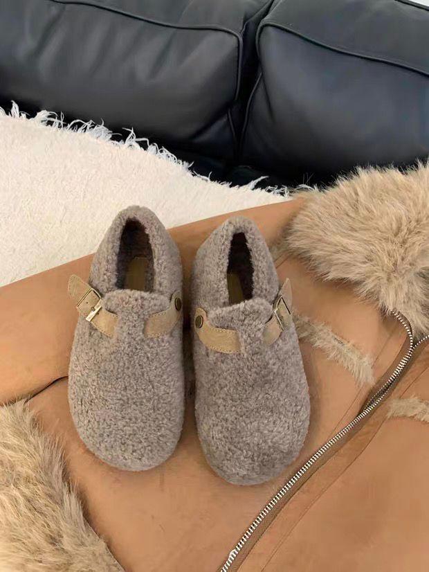 2025 новые ретро пряжка на ремне пушистые туфли для женщин, плюшевые теплые хлопковые туфли, повседневные шерстяные ленивые туфли на платформе 40 серый