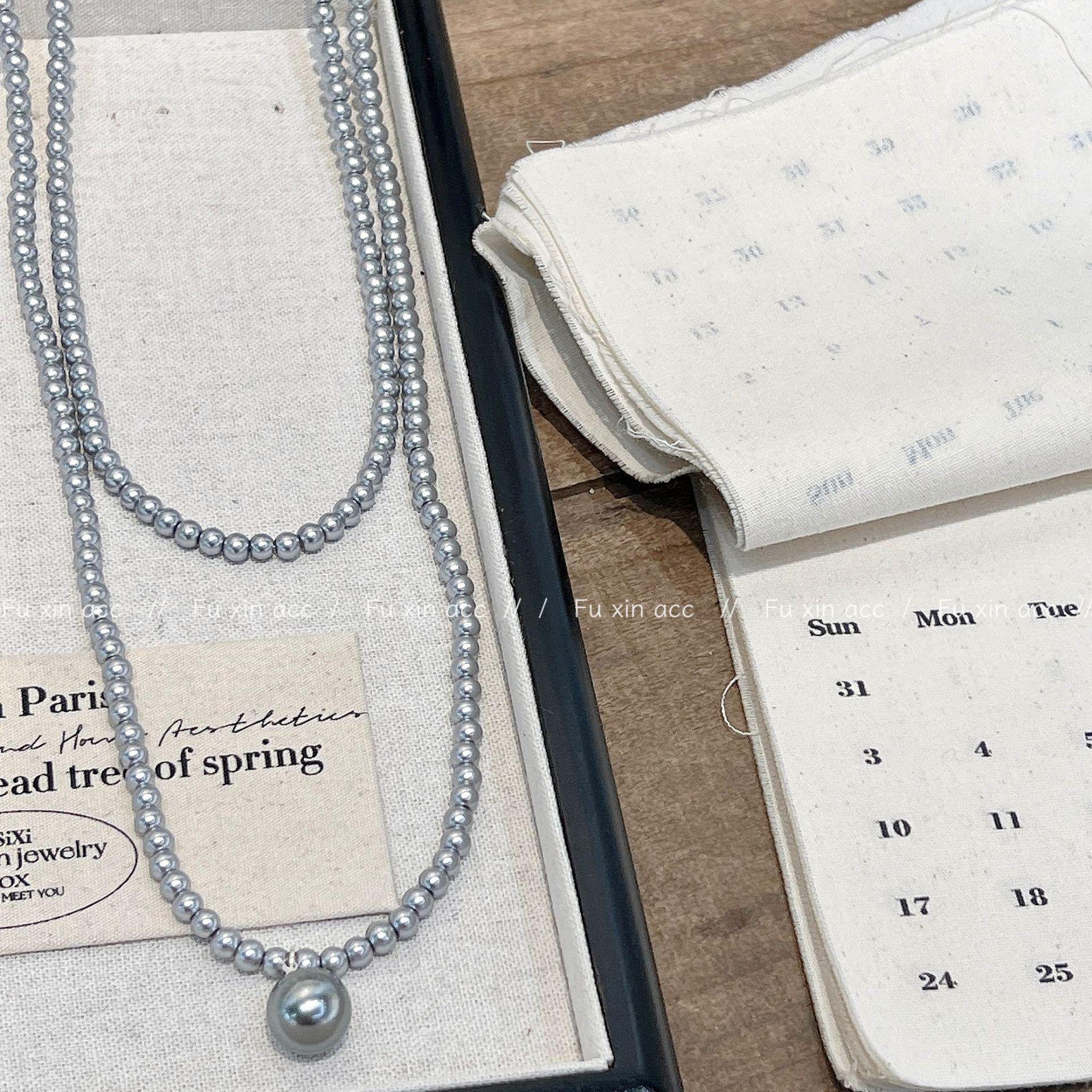 Корейское роскошное жемчужное ожерелье: Длинные многослойные белые и серые бусины для осени/зимы. серый