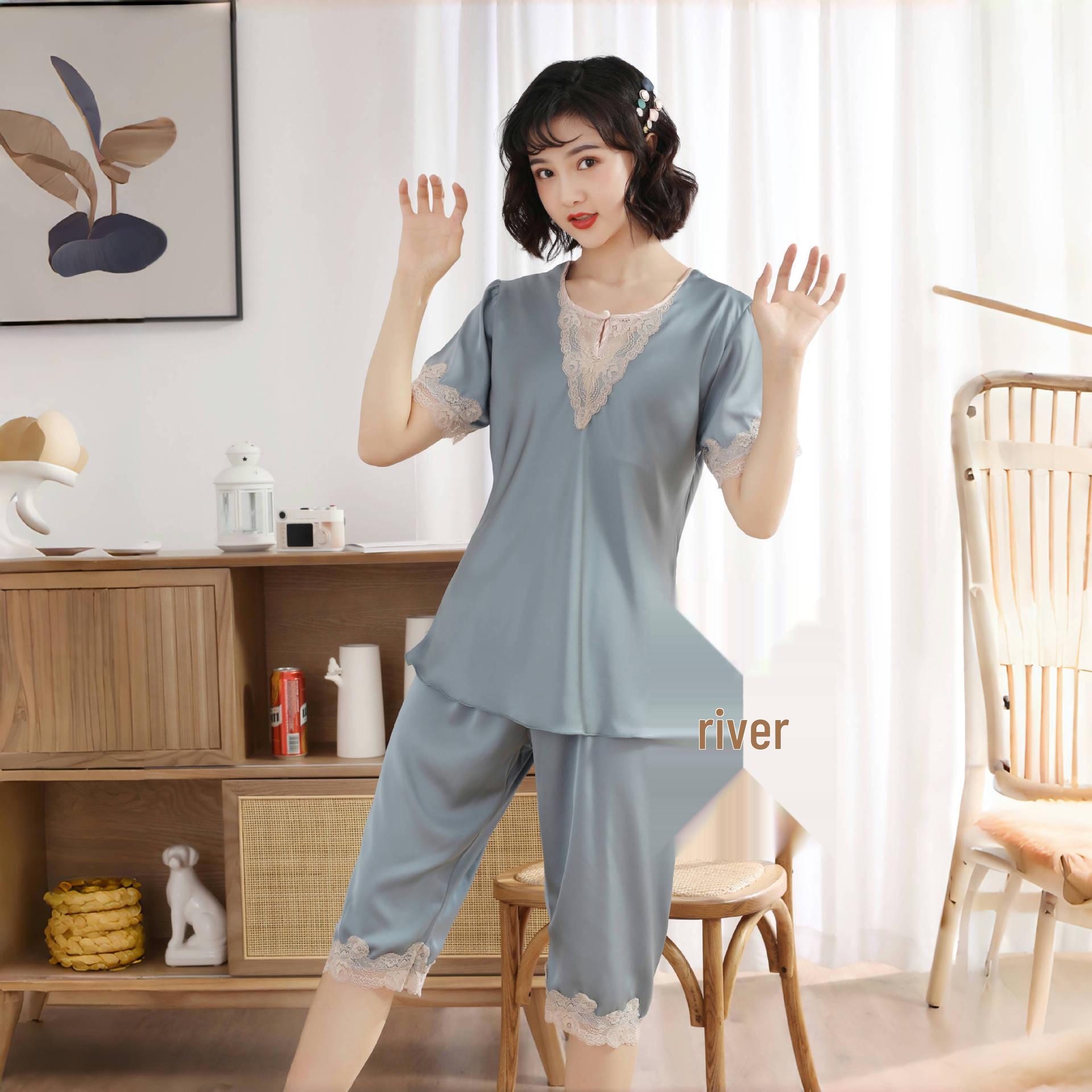 Summer Ice Silk Pajamas: Short Sleeve Lace V-Neck Top & Seven-Point Pants for a Cool, Stylish, and Comfortable Two-Piece Home Outfit XL (120-140 jin)
Summer Ice Silk Pajamas: Short Sleeve Lace V-Neck Top & Seven-Point Pants for a Cool, Stylish, and Comfortable Two-Piece Home Outfit XL (120-140 jin)
