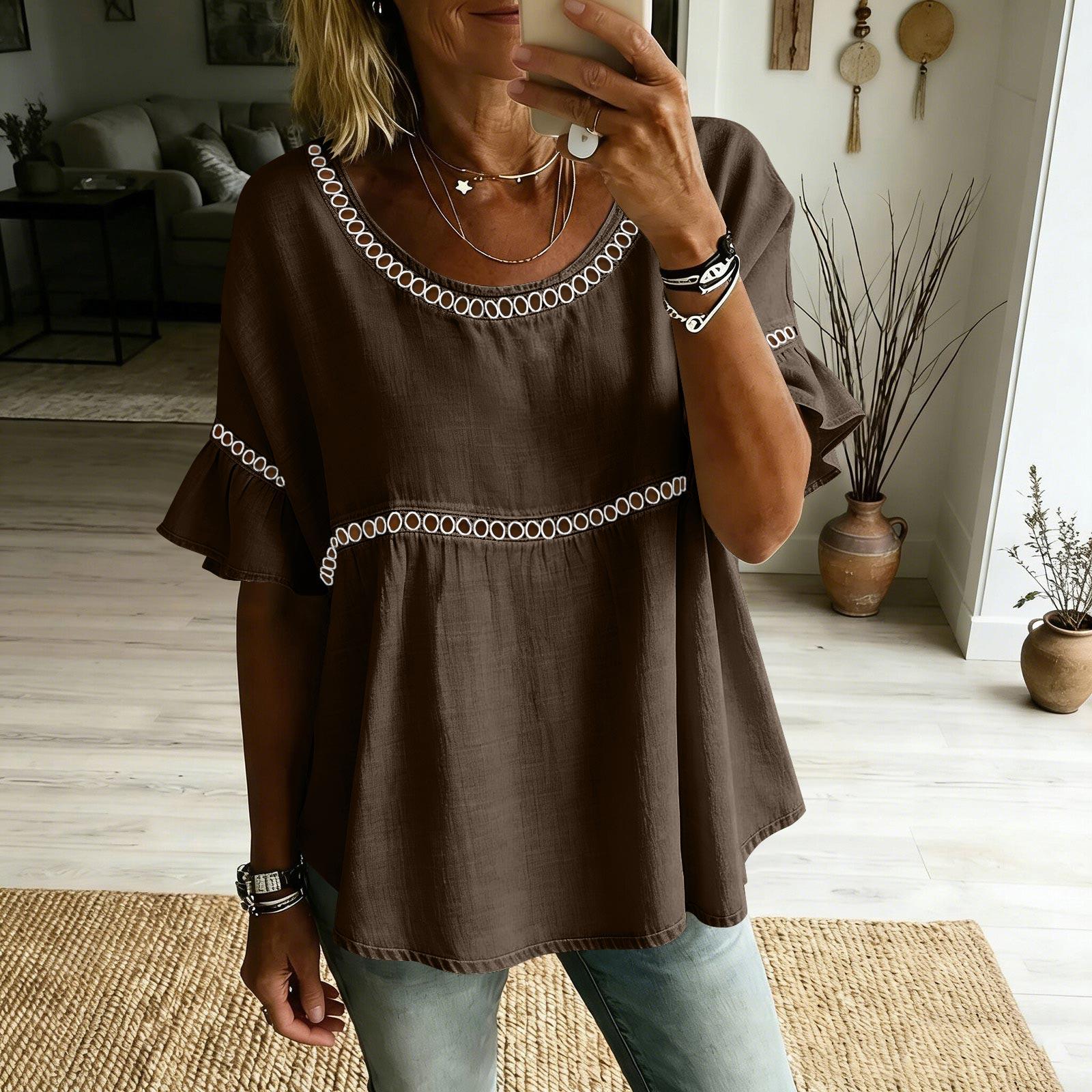 Women Loose Fit Short Sleeve Blouse Round Neck Ruffle Hem Casual Vacation Top Lightweight Comfortable Summer Shirt L кофейный
Women Loose Fit Short Sleeve Blouse Round Neck Ruffle Hem Casual Vacation Top Lightweight Comfortable Summer Shirt L кофейный