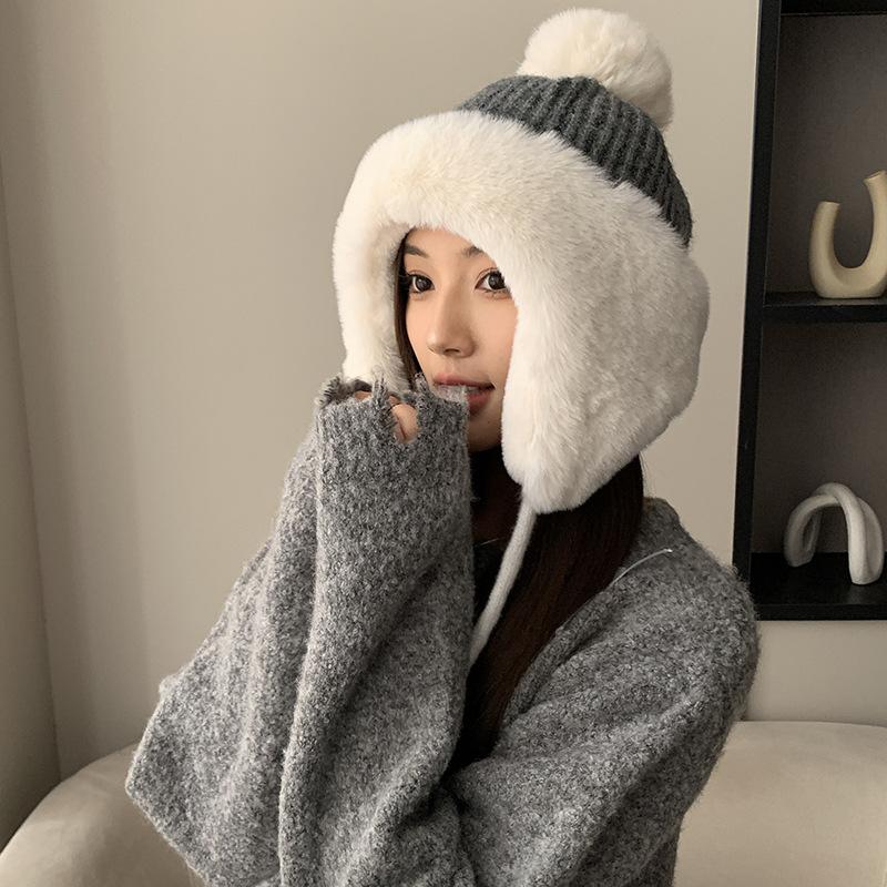 Зимняя милая плюшевая шапка, уличная утолщенная холодостойкая лыжная вязаная шерстяная шапка, модная шапка с ремешком и защитой ушей, теплая шапка серый