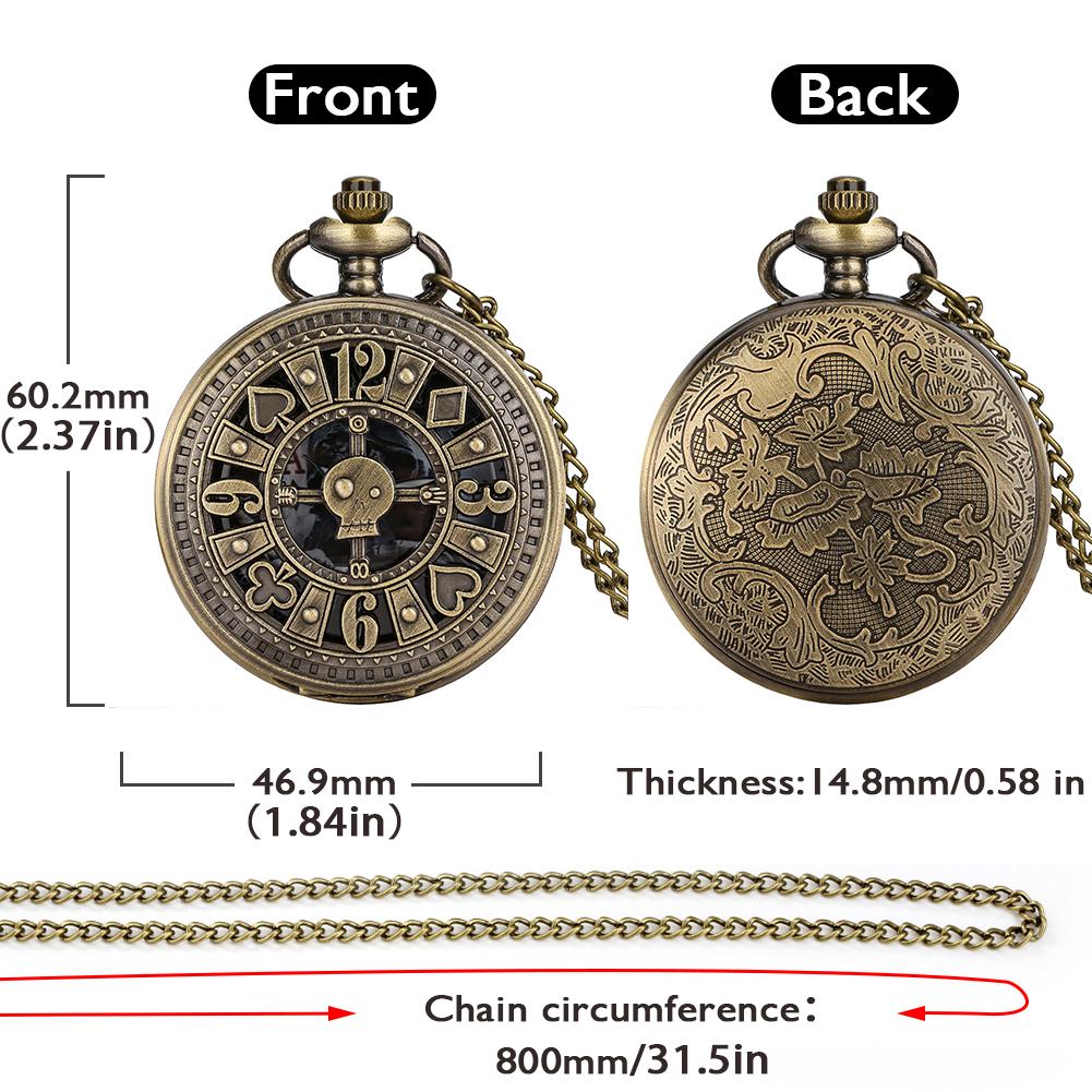 Bronze Retro Poker Cards Skull Design Ghost Display Steampunk Quartz Pocket Watch Fob Vintage Antique Clock with 80cm/38cm Chain
Bronze Retro Poker Cards Skull Design Ghost Display Steampunk Quartz Pocket Watch Fob Vintage Antique Clock with 80cm/38cm Chain